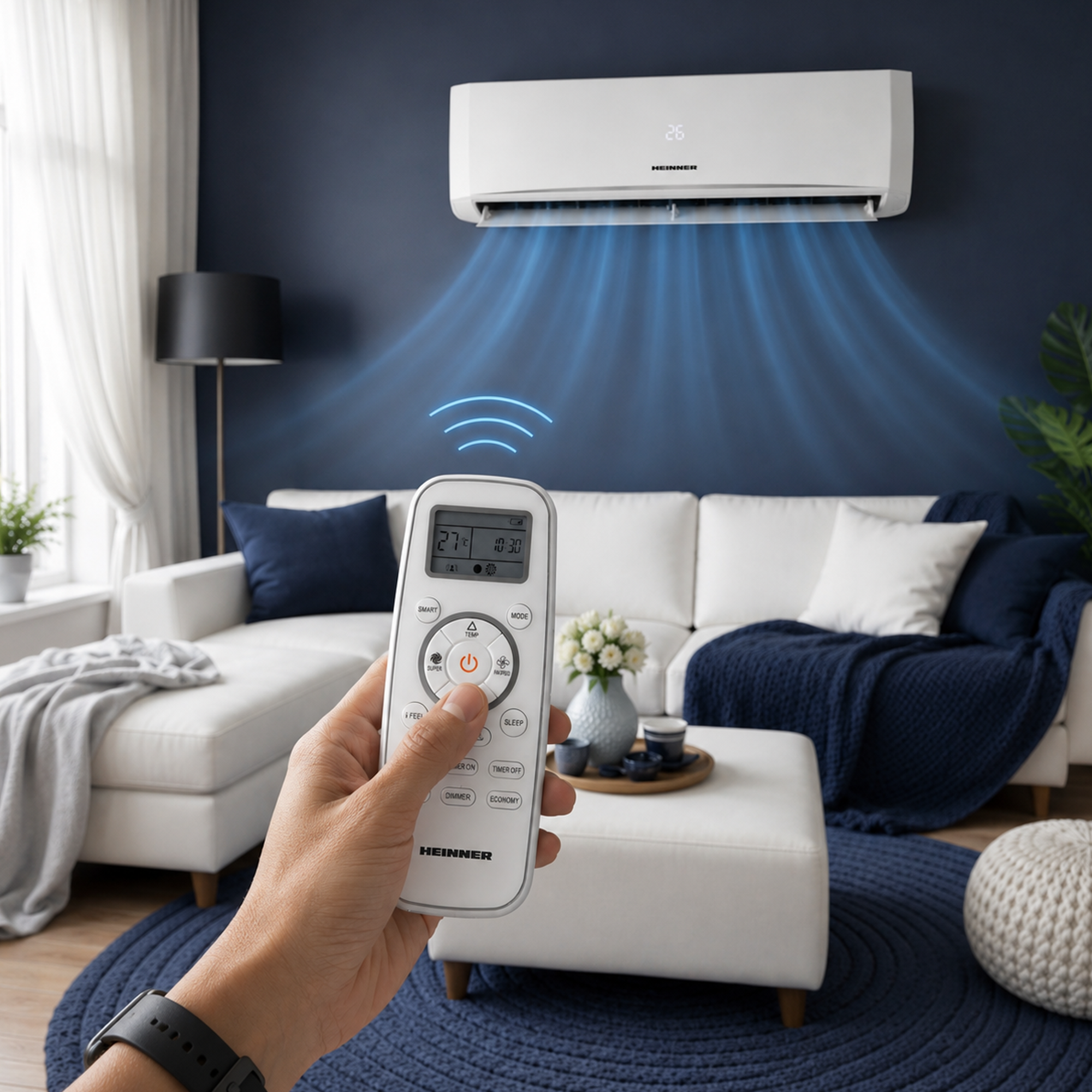 Hand holds AC remote in front of white couch; air conditioner cools the room.
