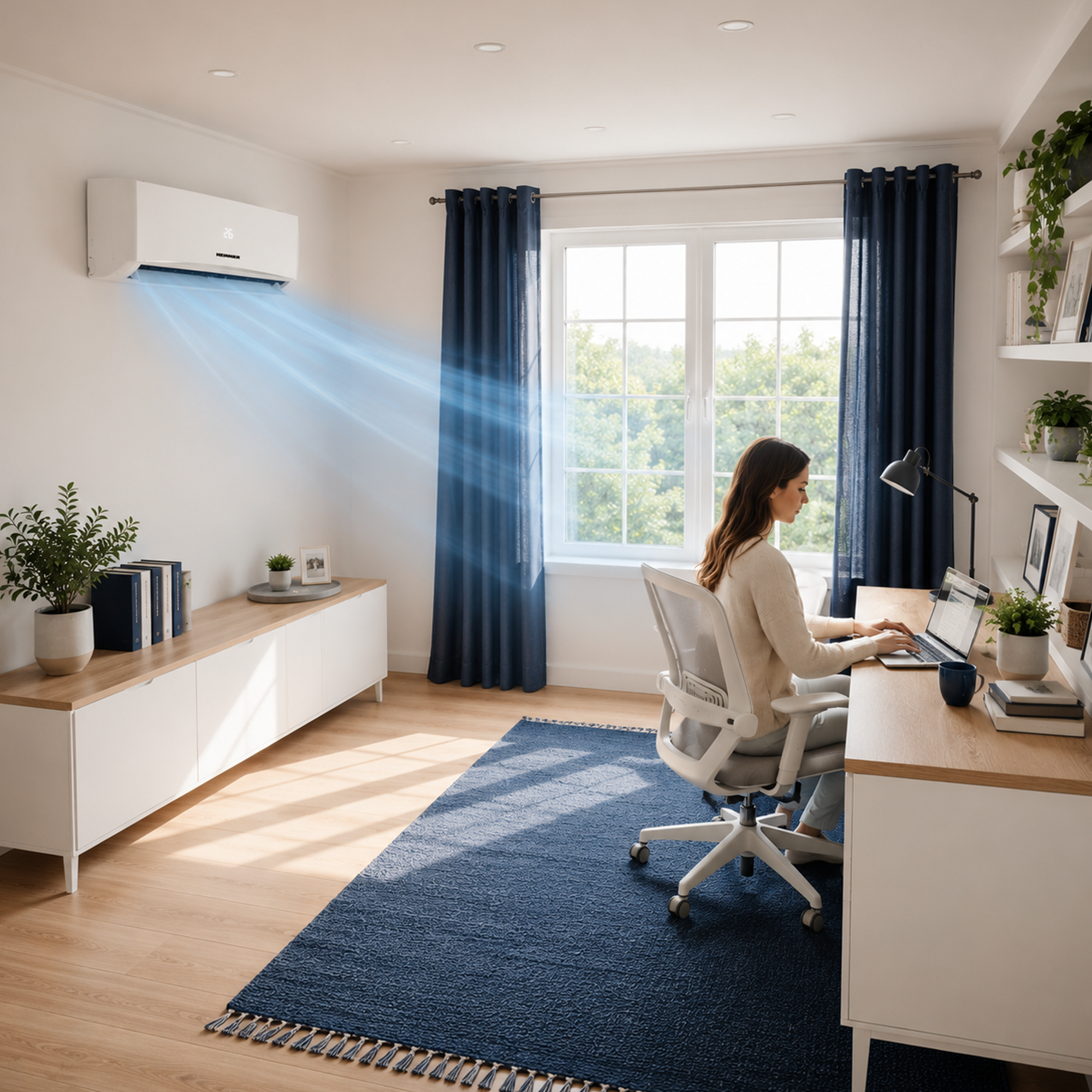 A woman works on a laptop at a desk as cool air flows from an AC unit on the wall.