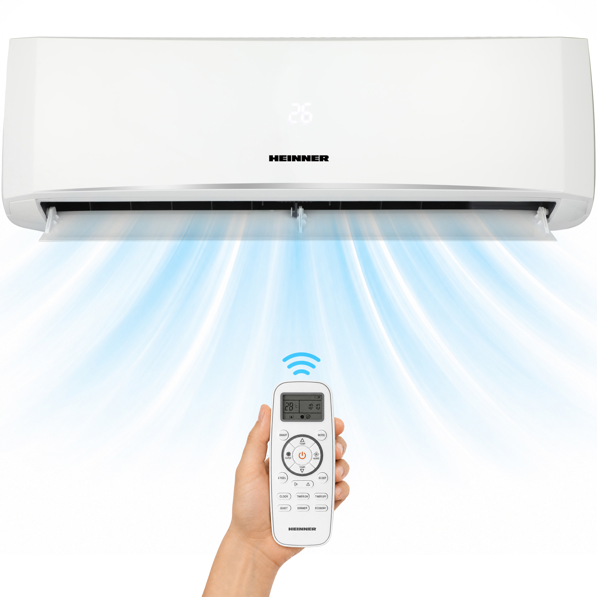 A white air conditioner head with remote control, blowing cool air.