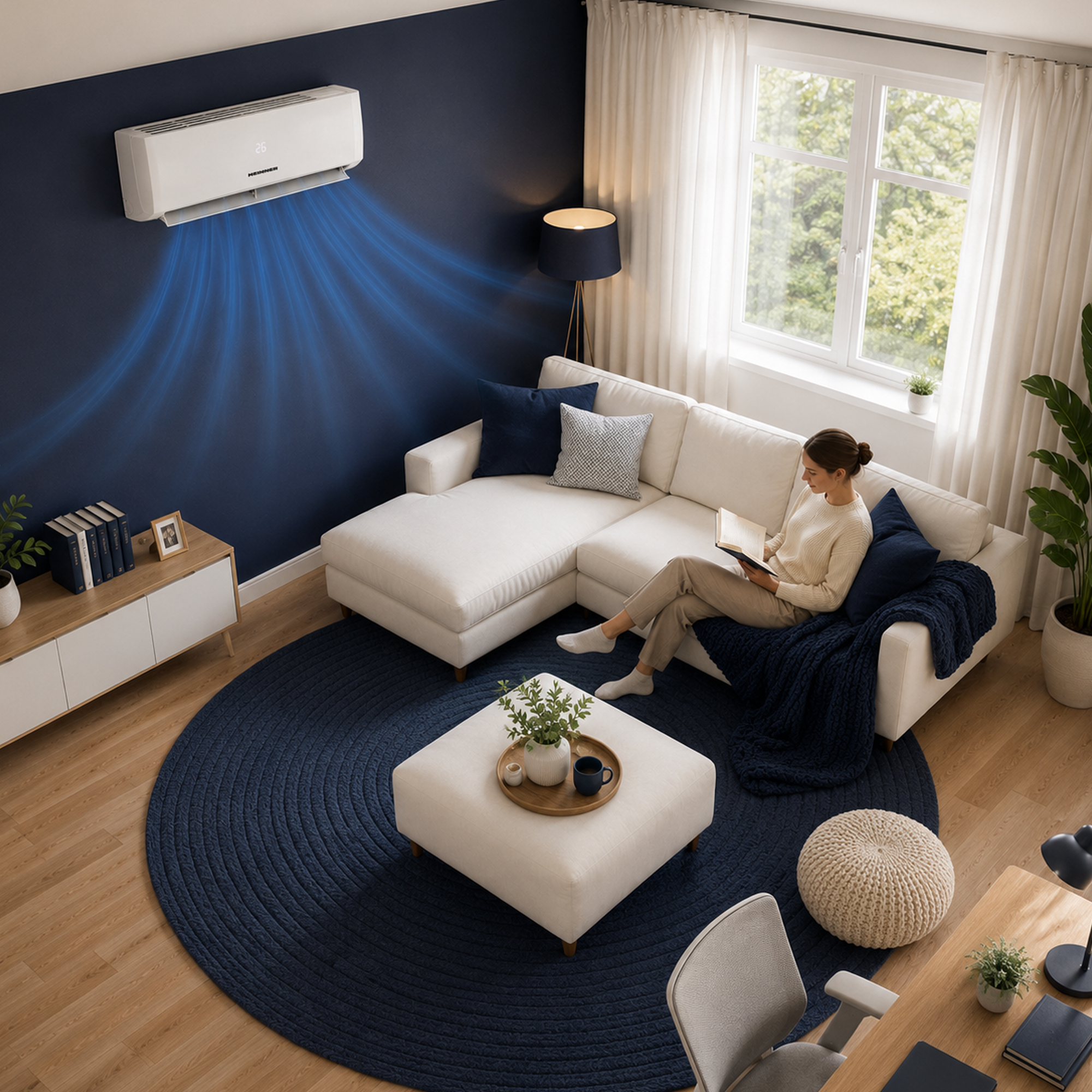 A woman reads on a sofa as cool air flows from an air conditioner on a blue wall.