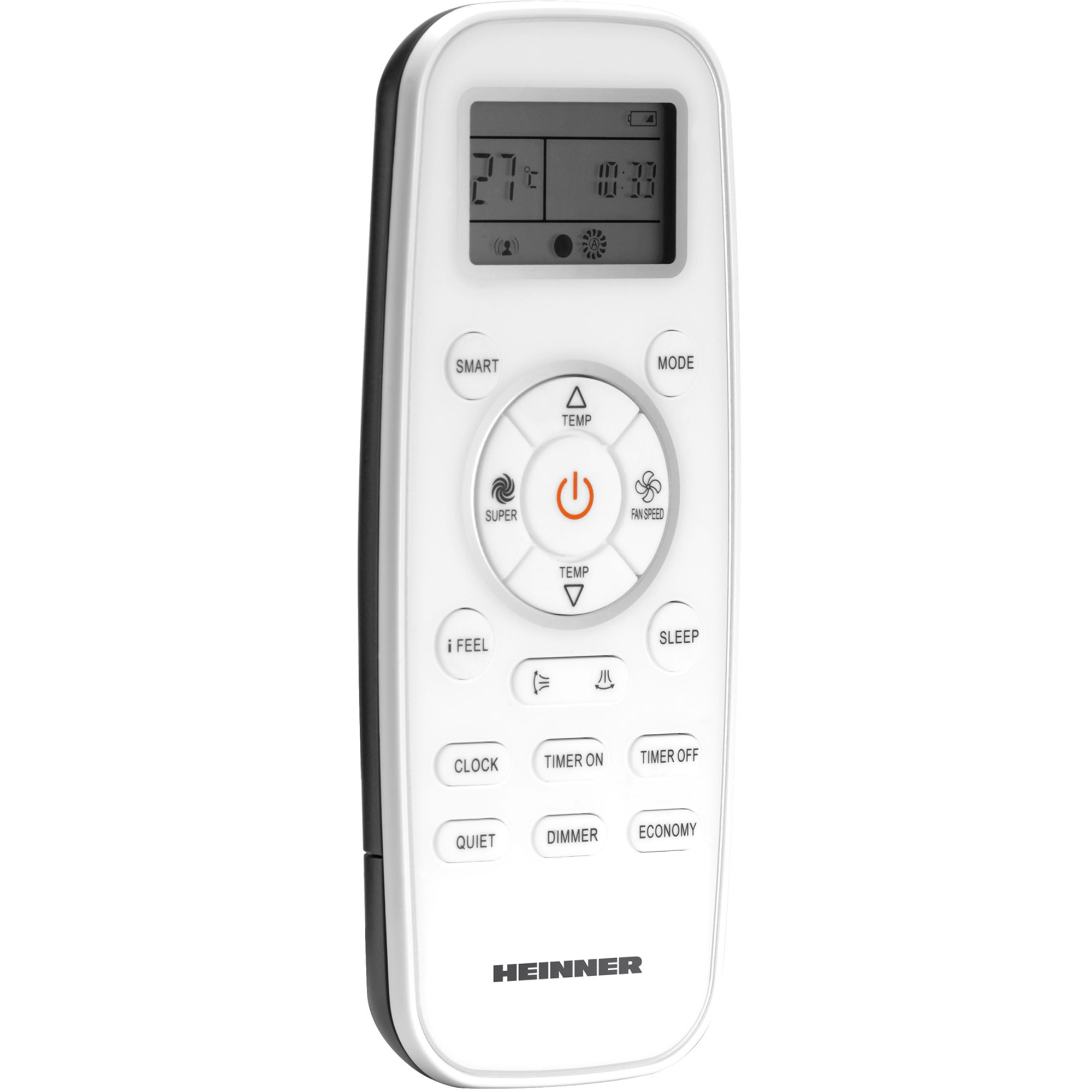A white remote control with an LCD screen and operational buttons.
