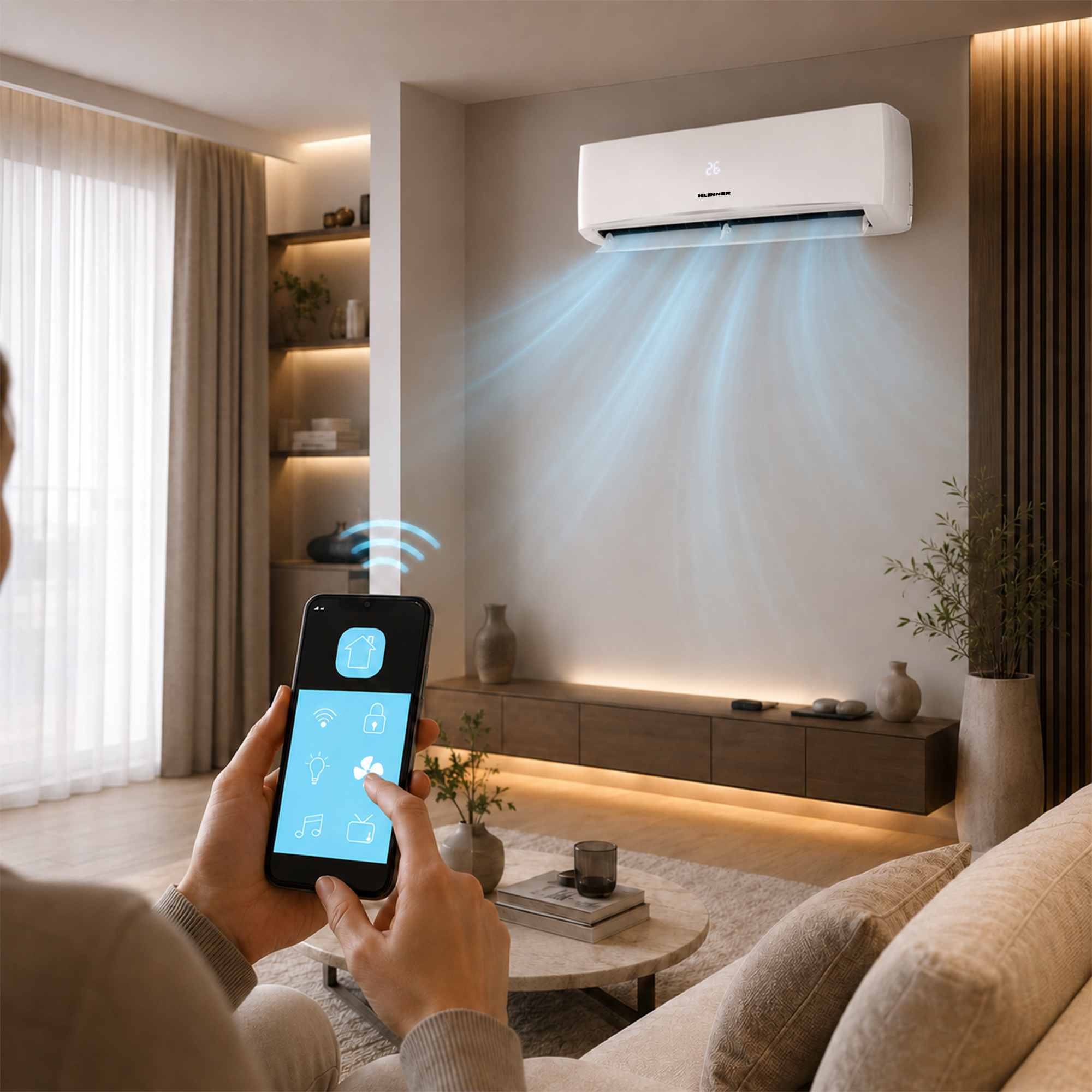 Person controls air conditioner via smartphone app in a modern living room.