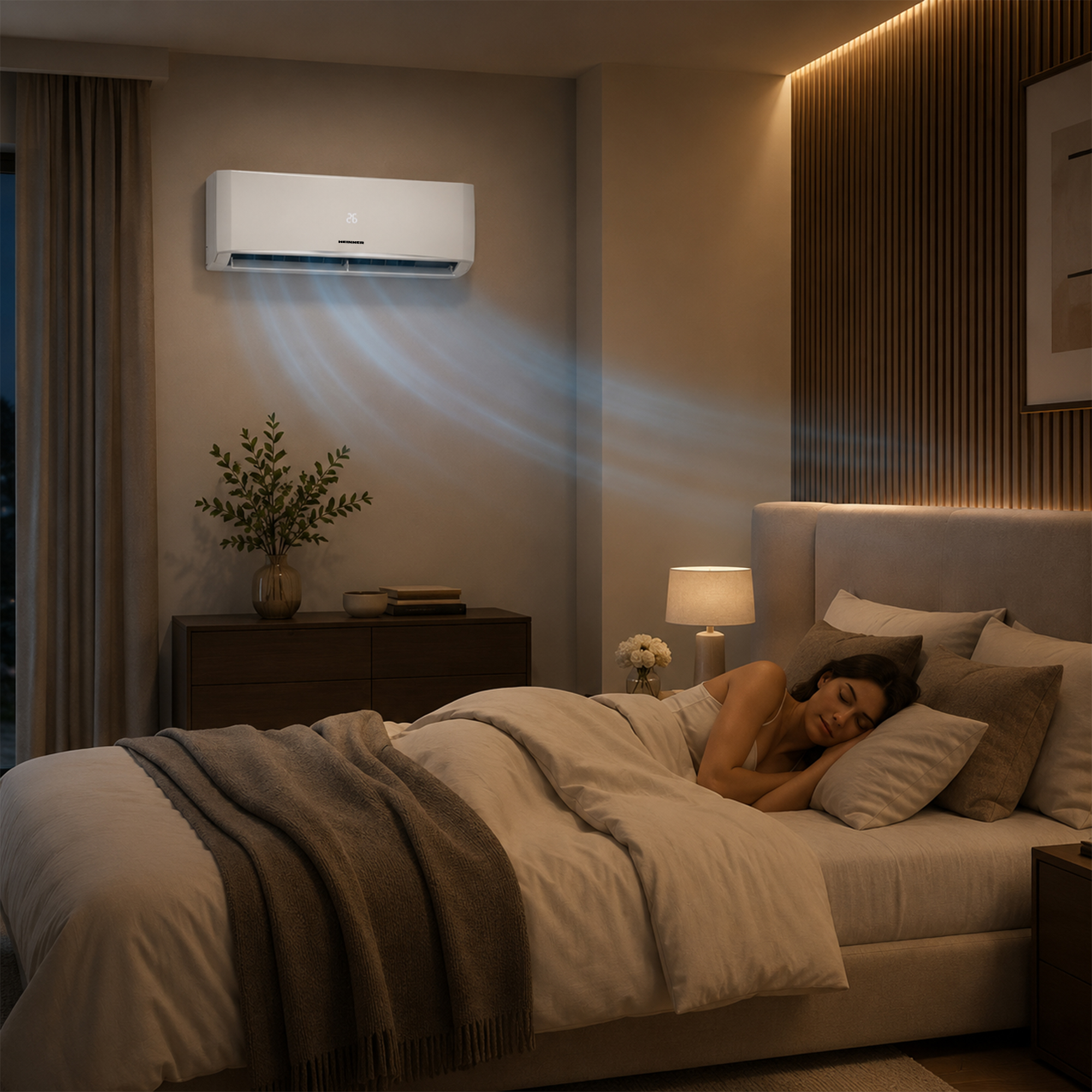 A woman sleeps in bed as cool air flows from an air conditioner unit.