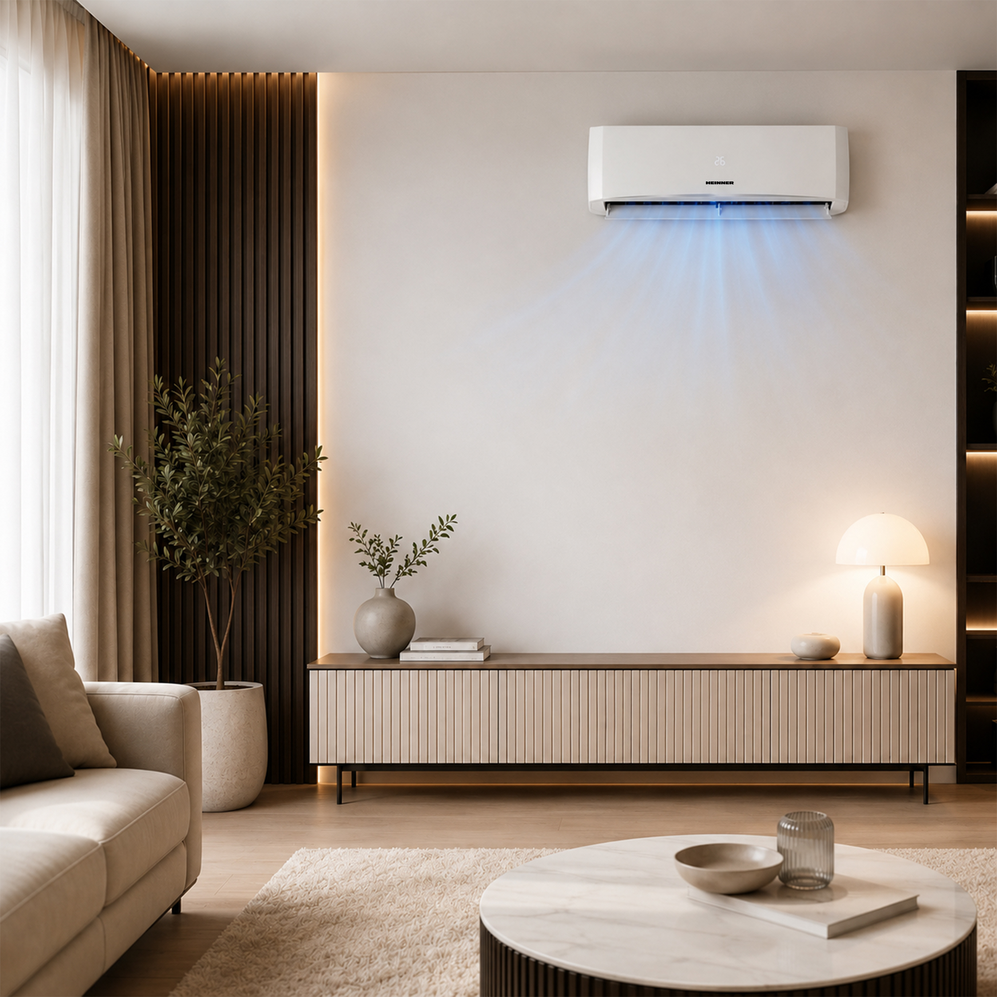 An air conditioner cools a modern living room with a sofa and coffee table.