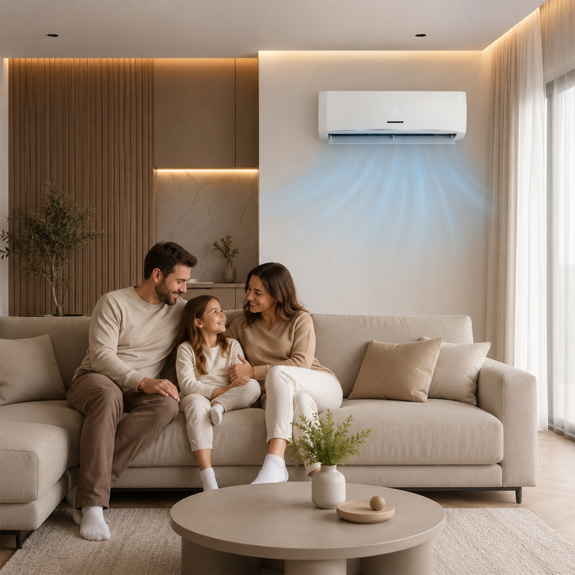 Family sits on sofa, air conditioner blows cool air.
