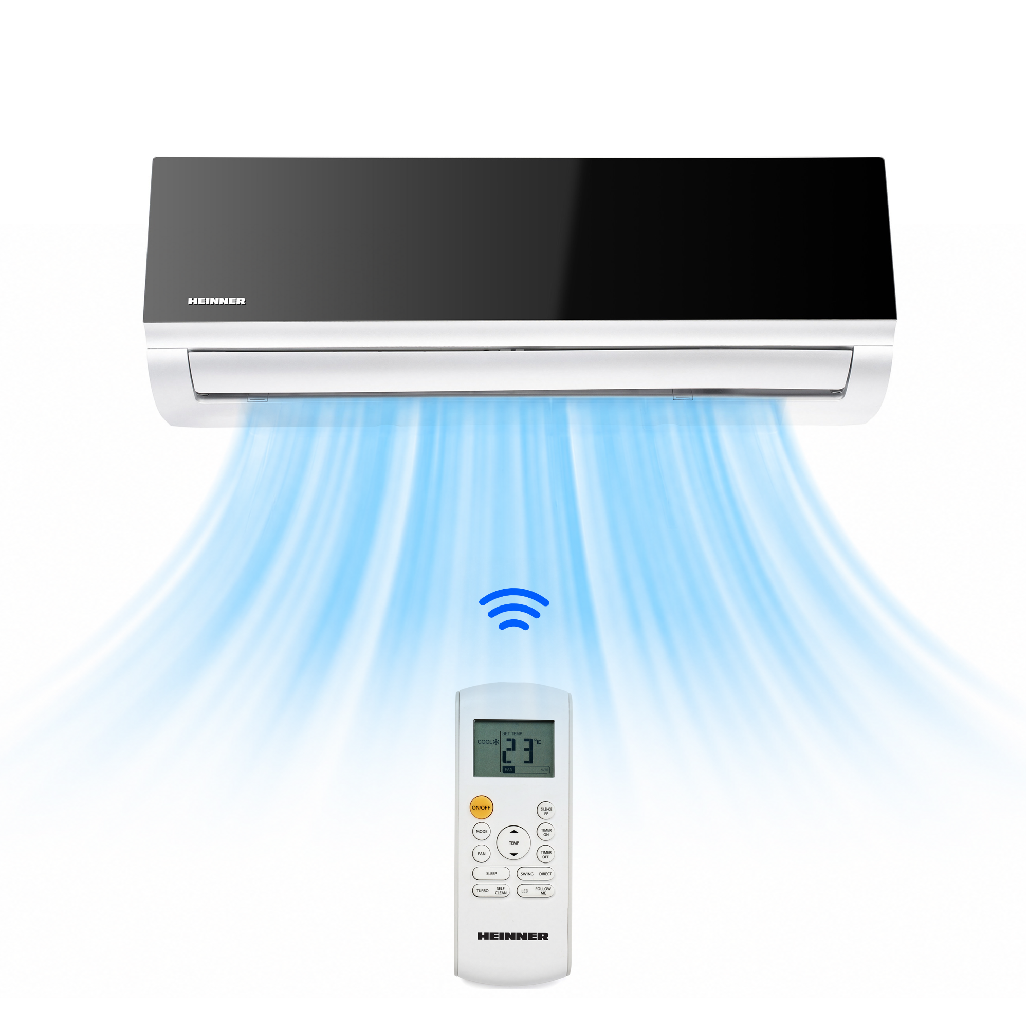 A Heinner air conditioner unit with remote, emitting cool air.