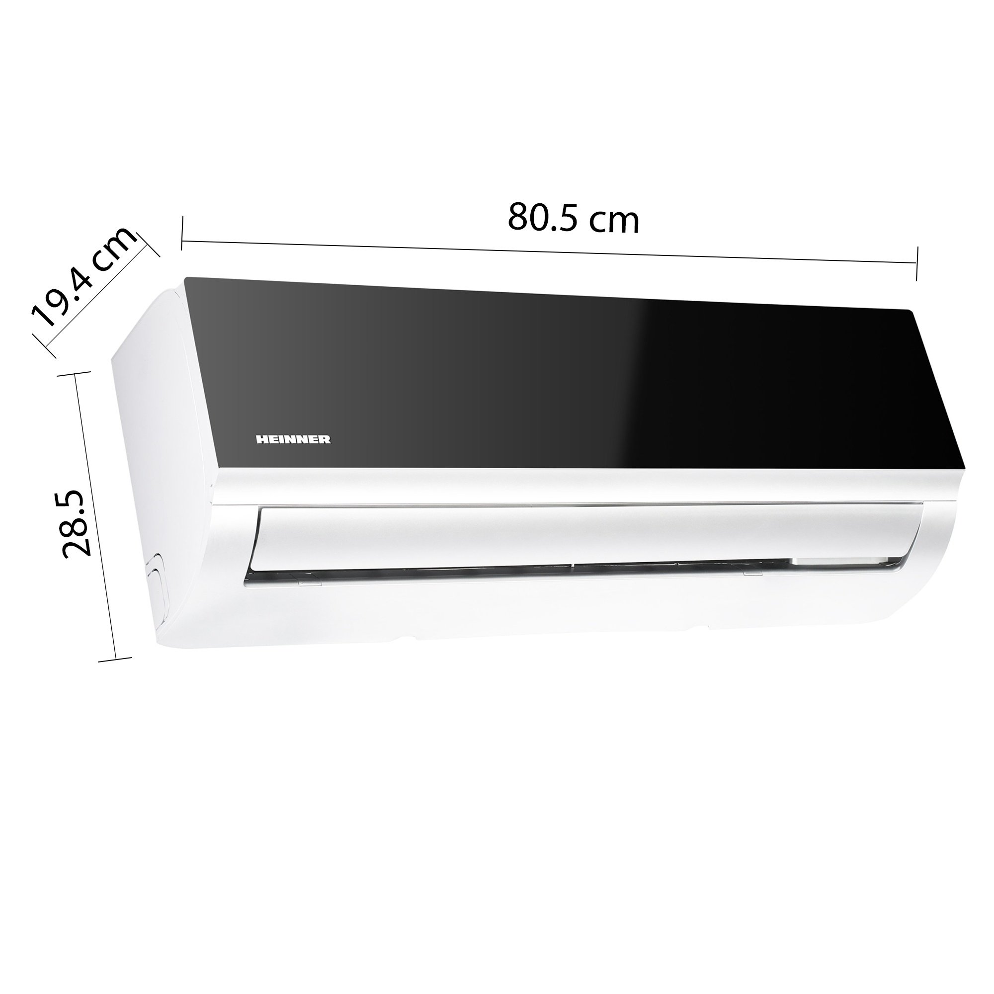 A white air conditioner indoor unit with black accents, showing dimensions.