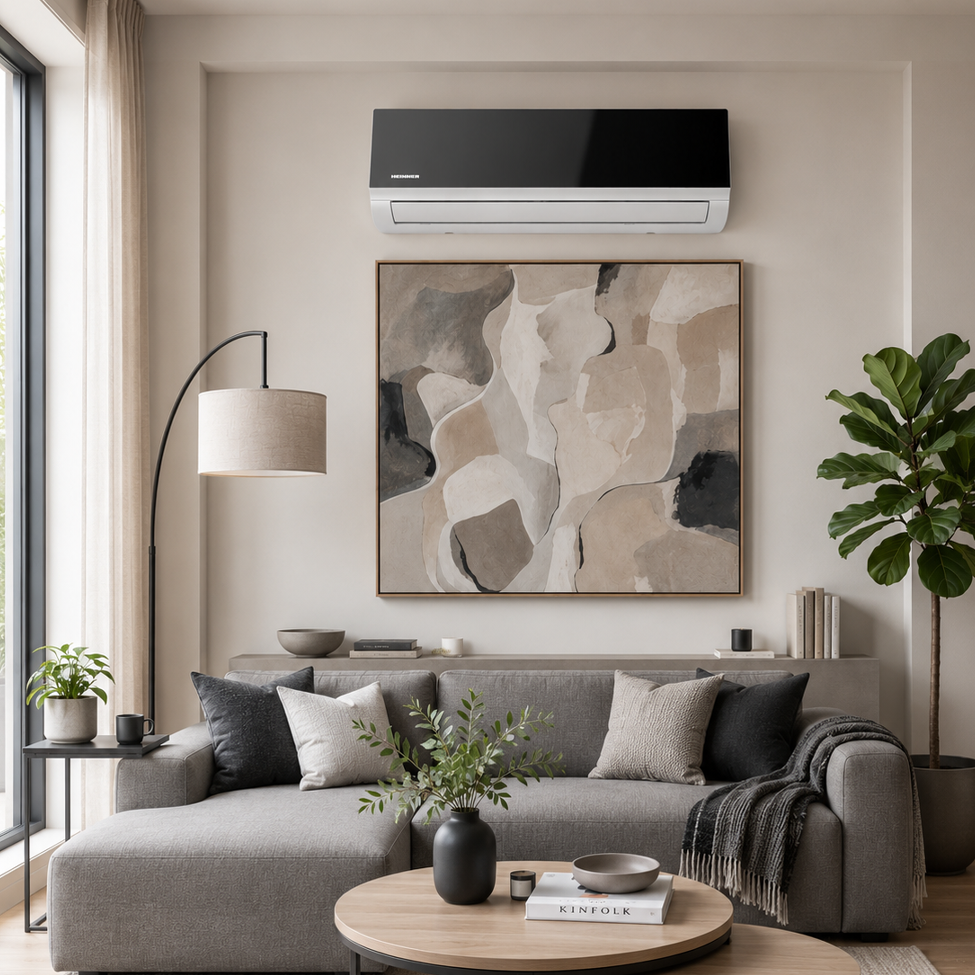 A stylish living room featuring a sofa, coffee table, artwork, and air conditioner.