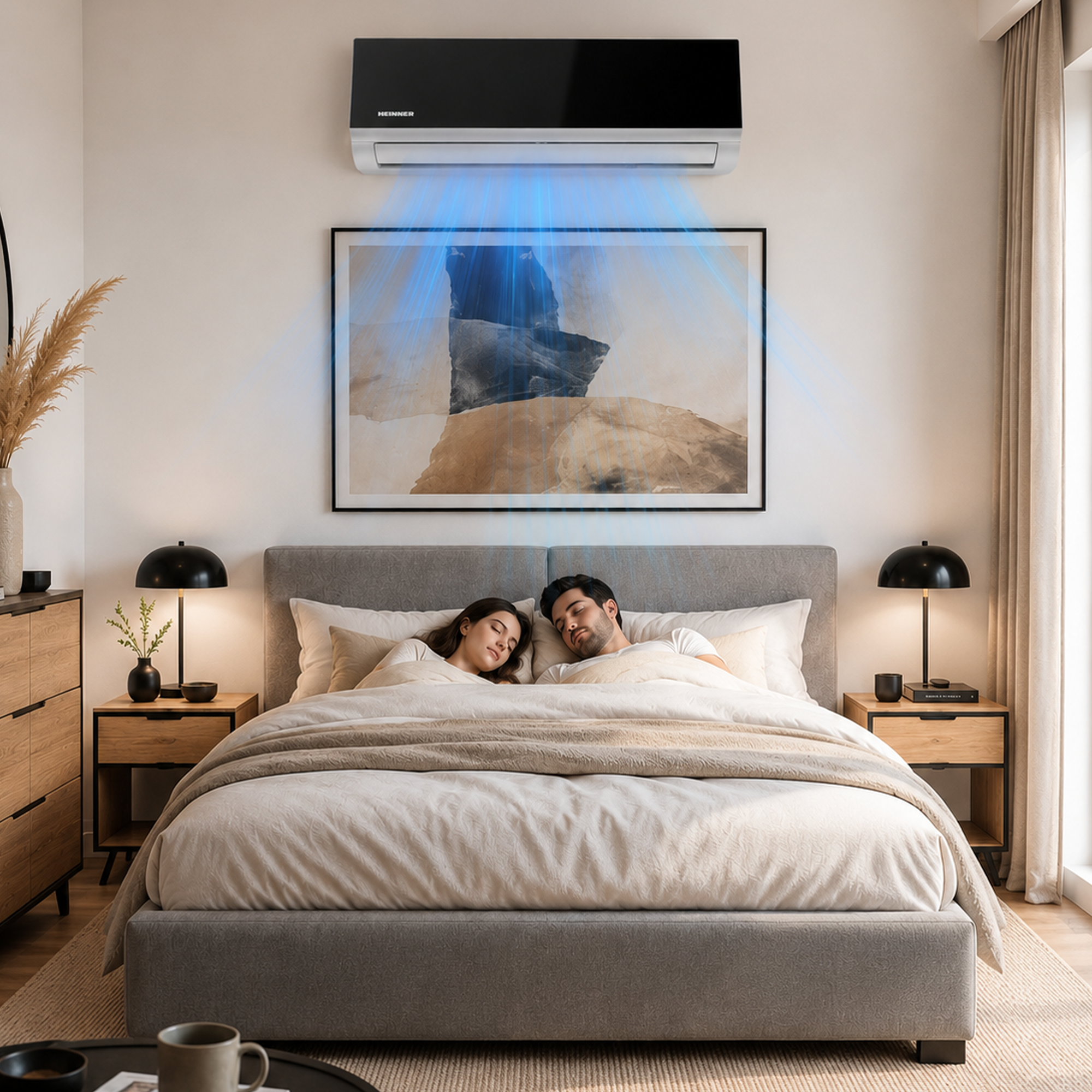 A man and woman sleep peacefully in a bed as cool air flows from an air conditioner above.