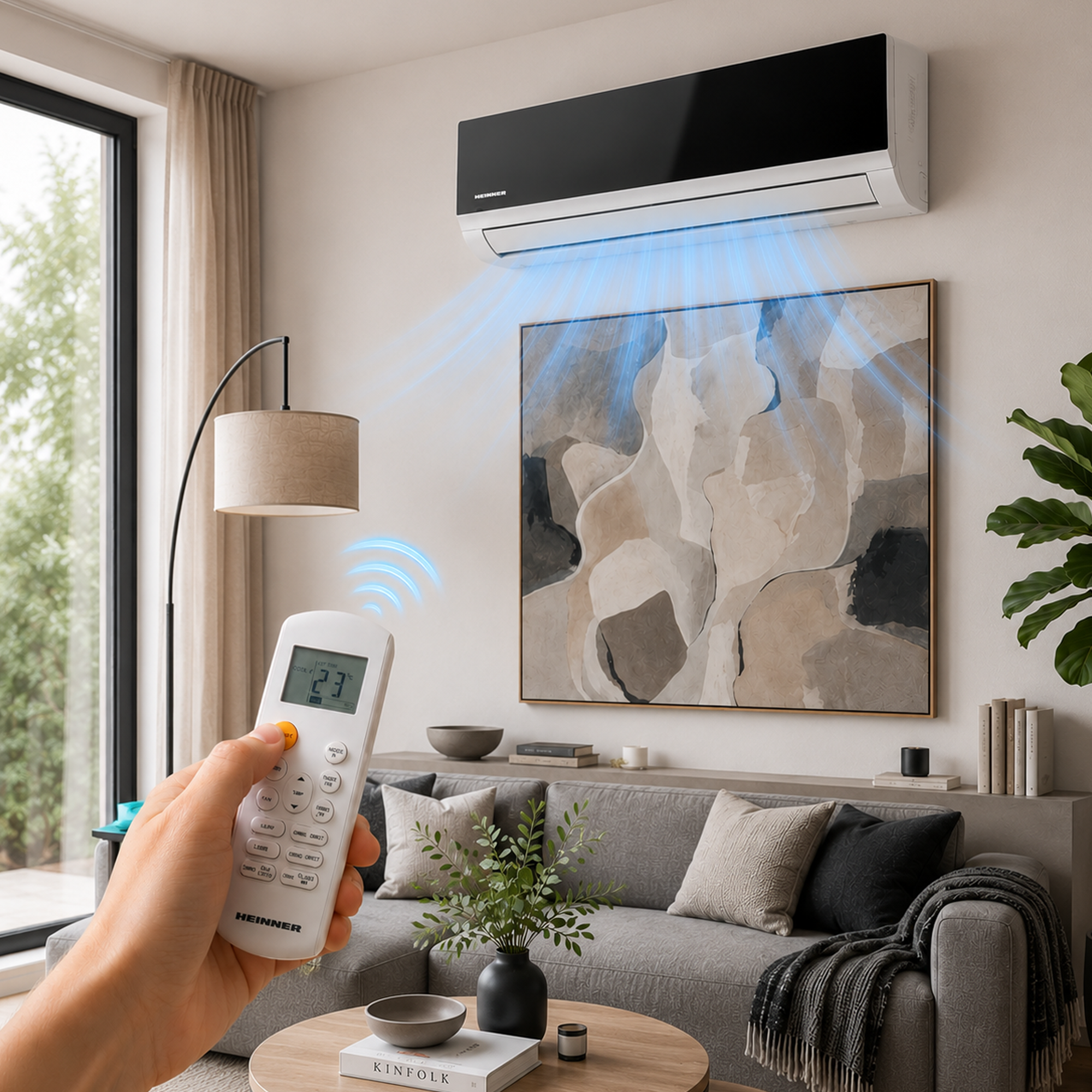 Hand holding remote, activating air conditioner blowing cool air in a modern living room.