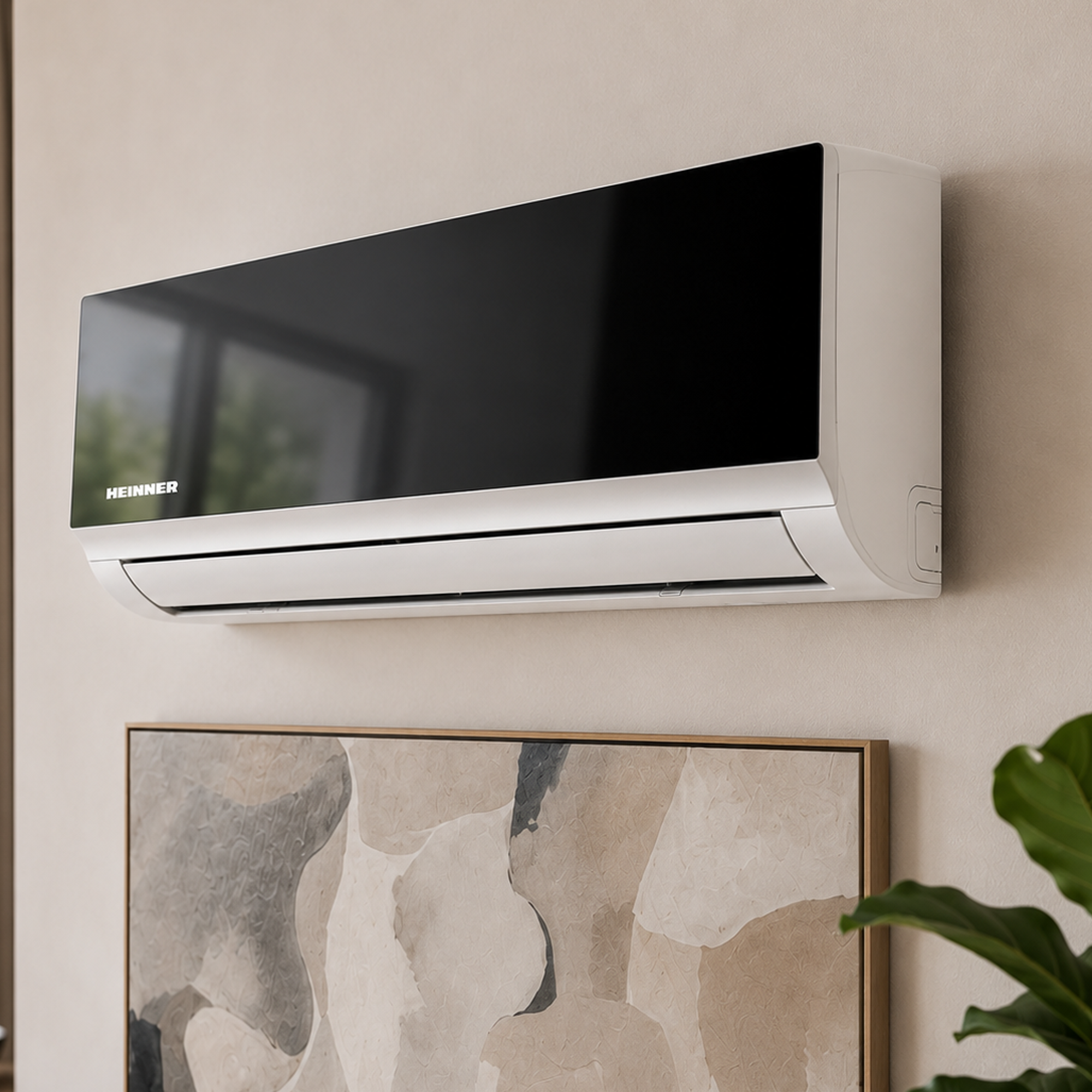 A white air conditioner with a black front hangs on a wall above an abstract painting.