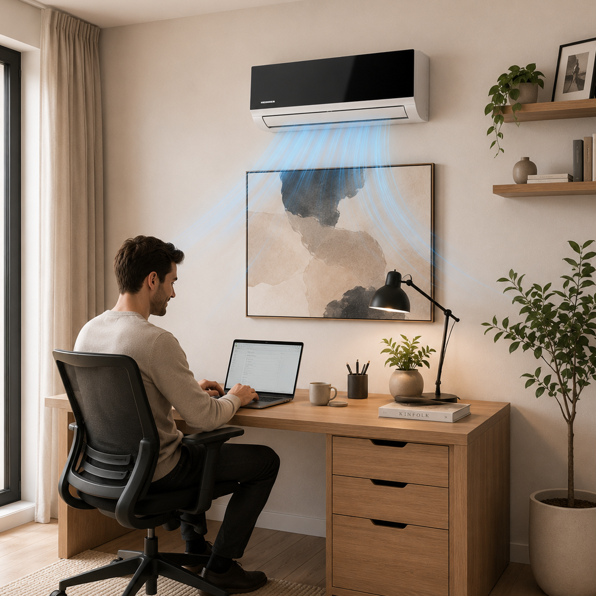 Man works on laptop; air conditioner cools the room.
