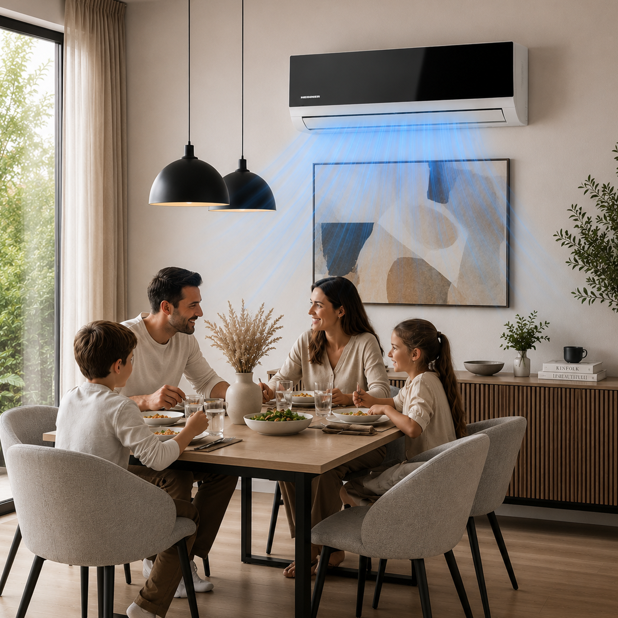 A family eats at a dining table as an air conditioner distributes cool air.