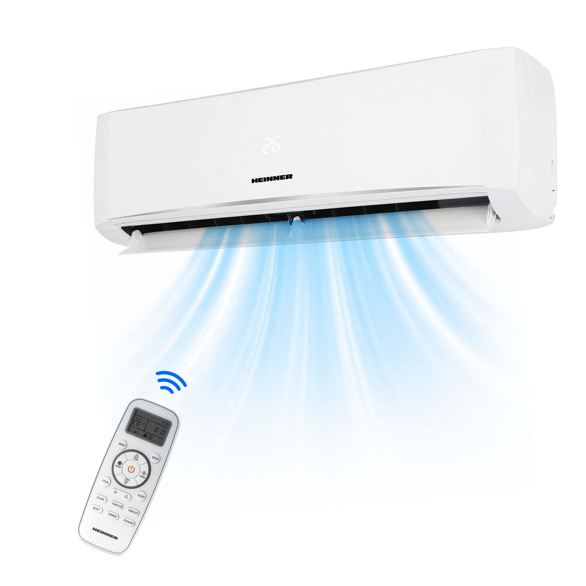 A white air conditioner unit with a remote control, emitting cool air.
