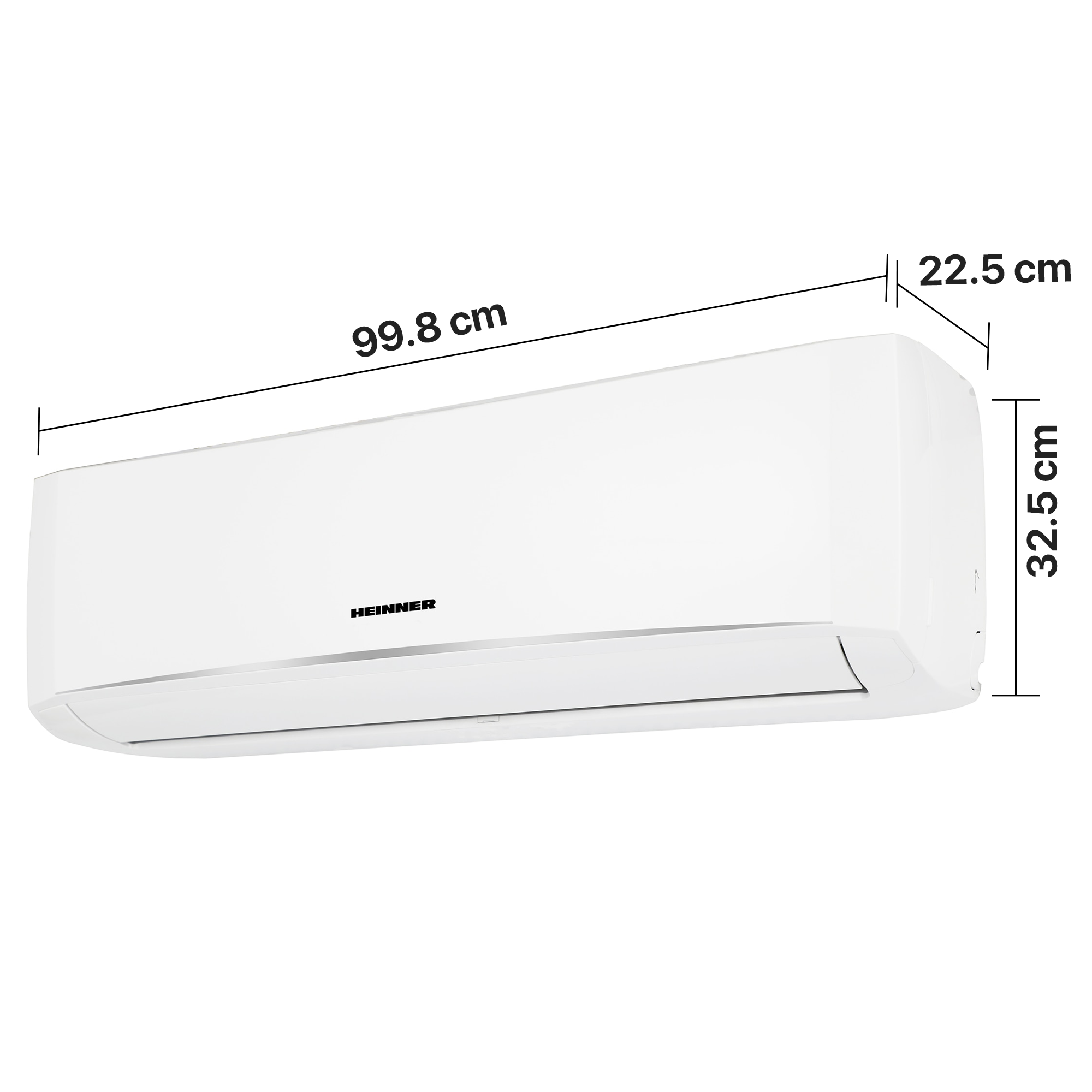A white air conditioner unit with dimensions 99.8x32.5x22.5 cm.