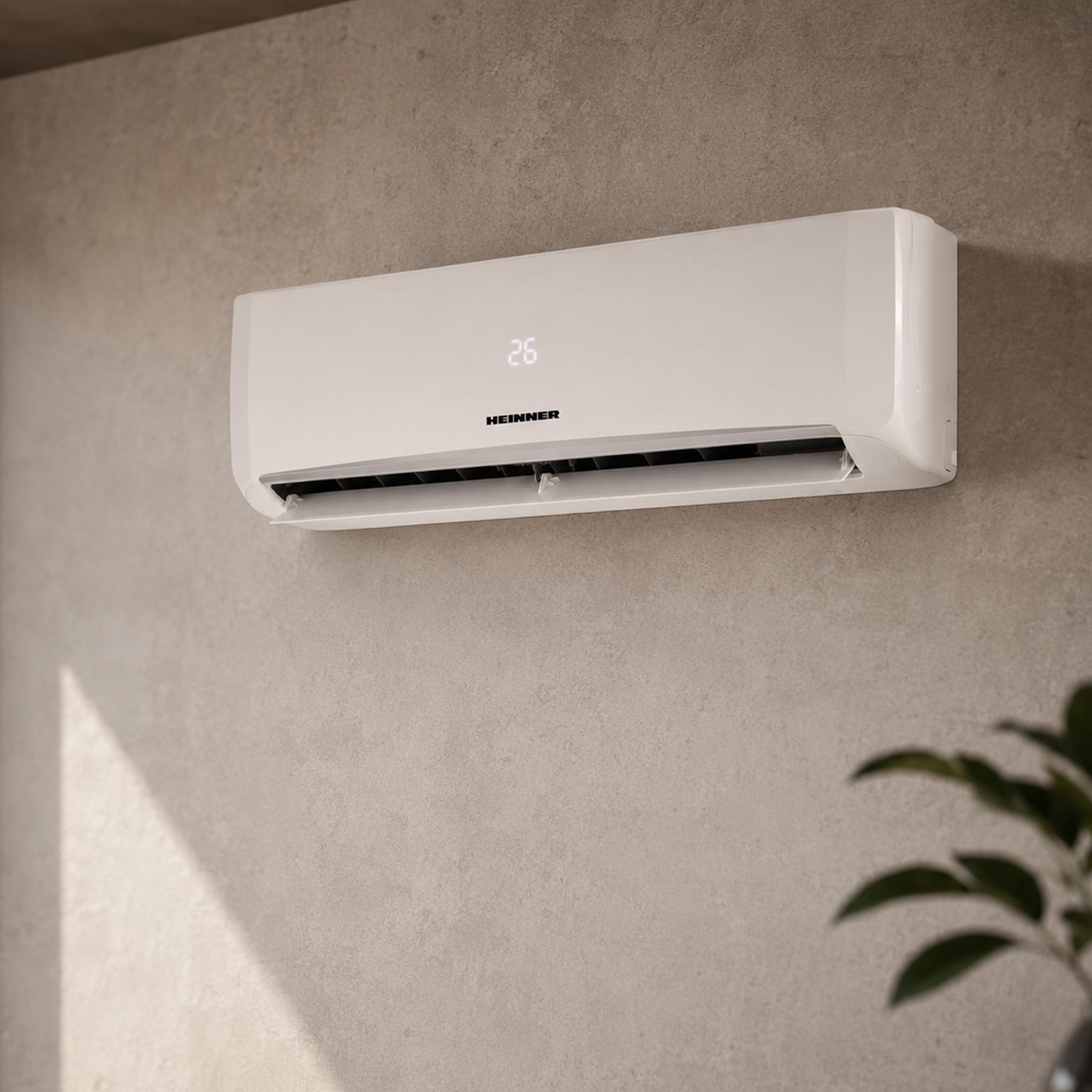 A white air conditioner on a concrete wall displaying 26.