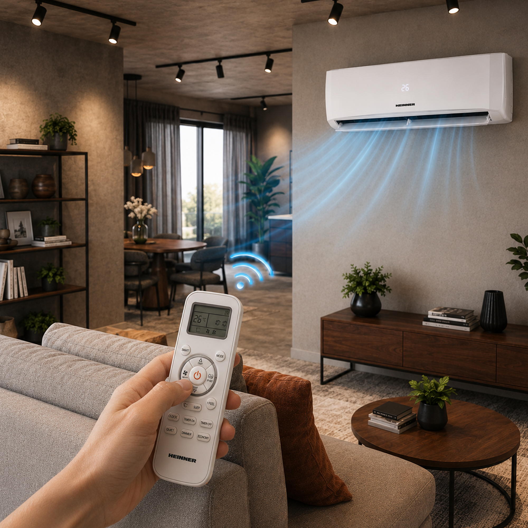 A hand holds a remote, pointing towards an air conditioner emitting cool air.