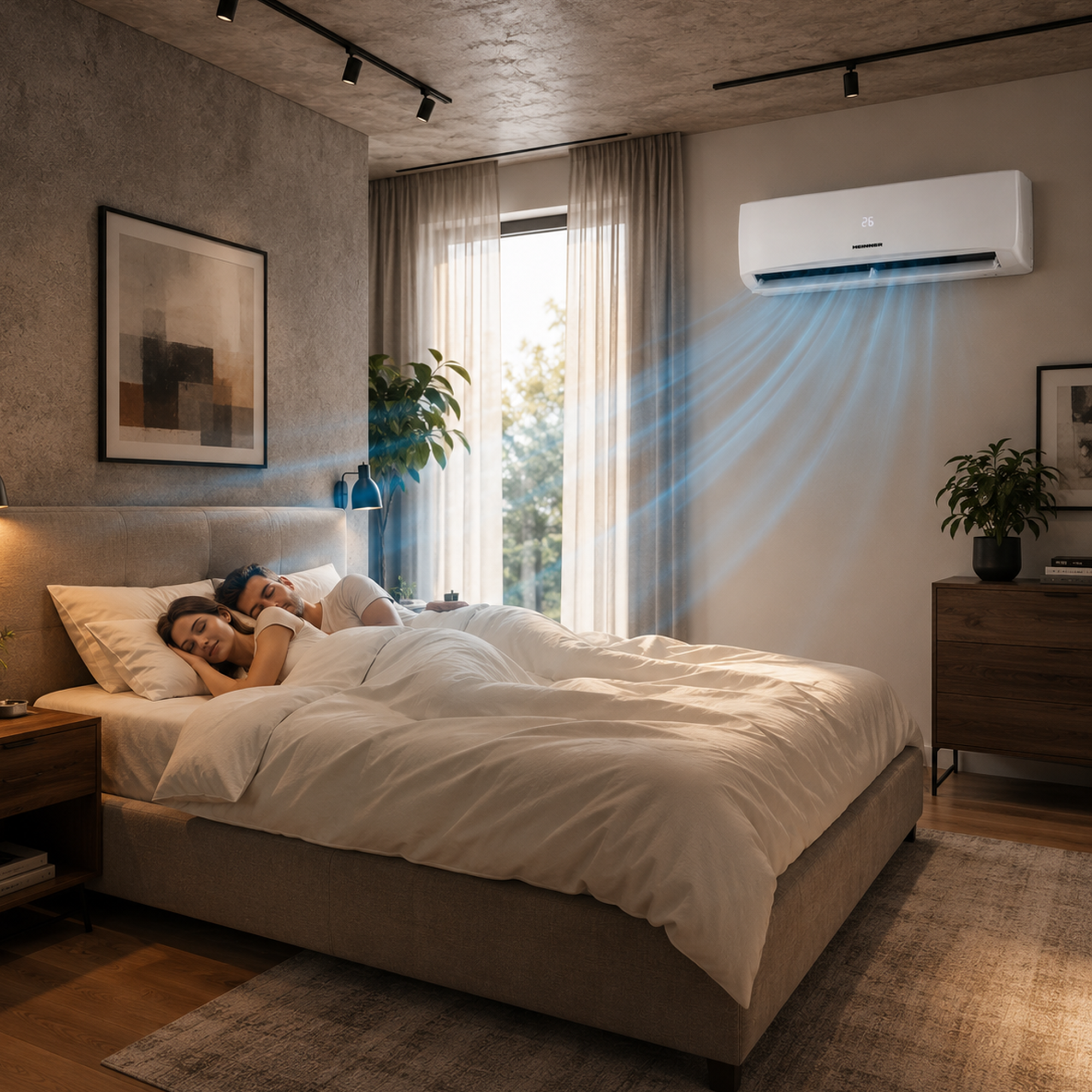 Couple sleeping in bed with air conditioner blowing cool air.