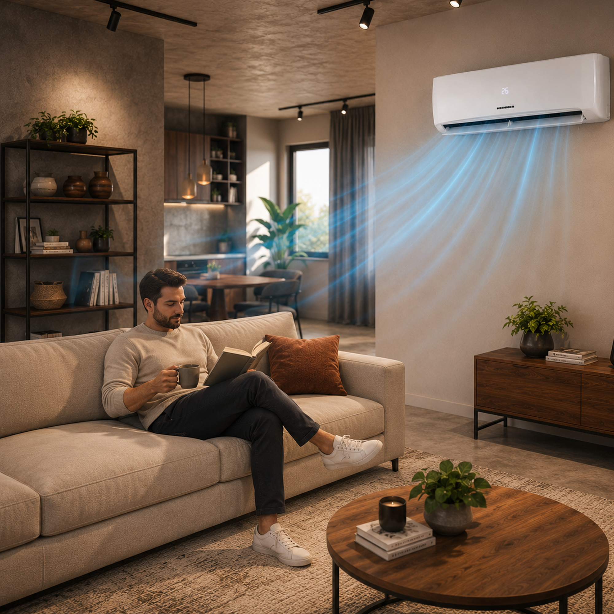 Man reading book on sofa, AC unit cooling room with blue air streams.