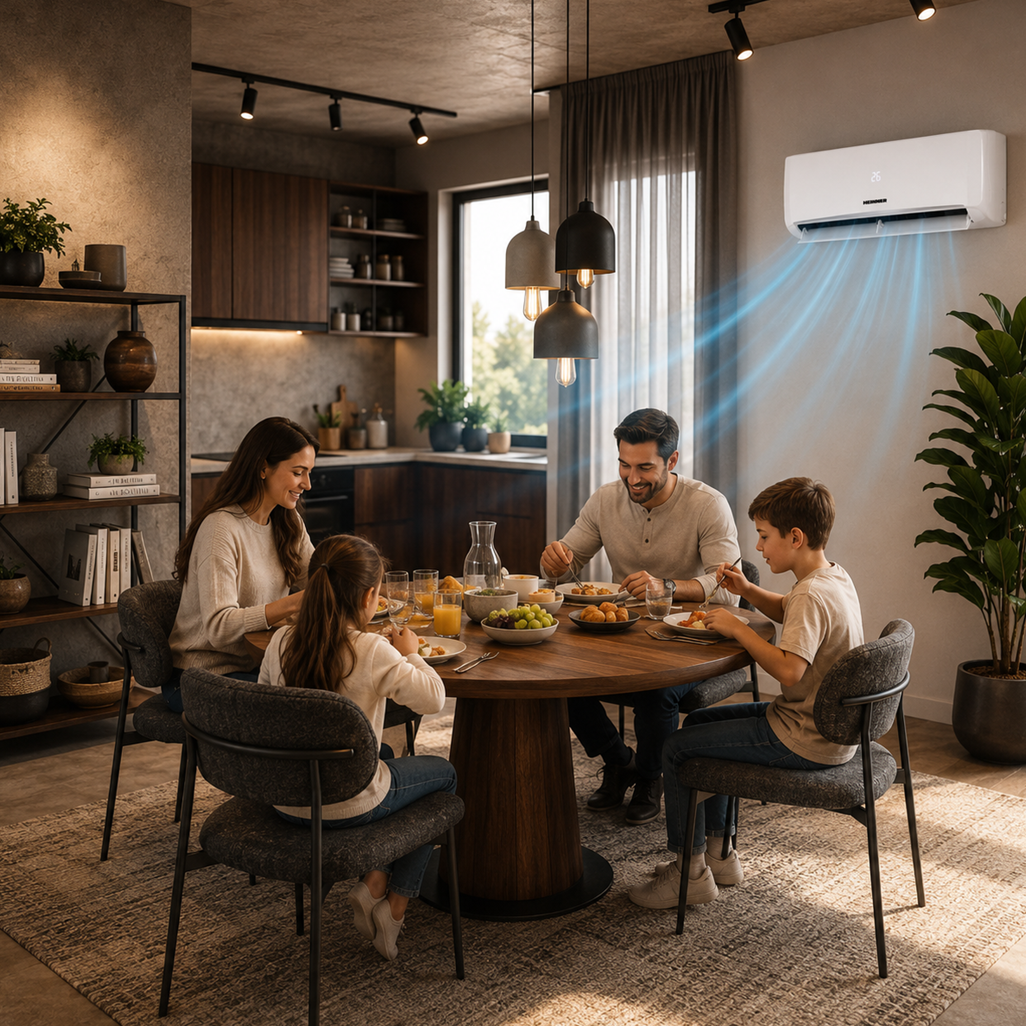 A family eats at a round wooden table while cool air flows from an AC unit.