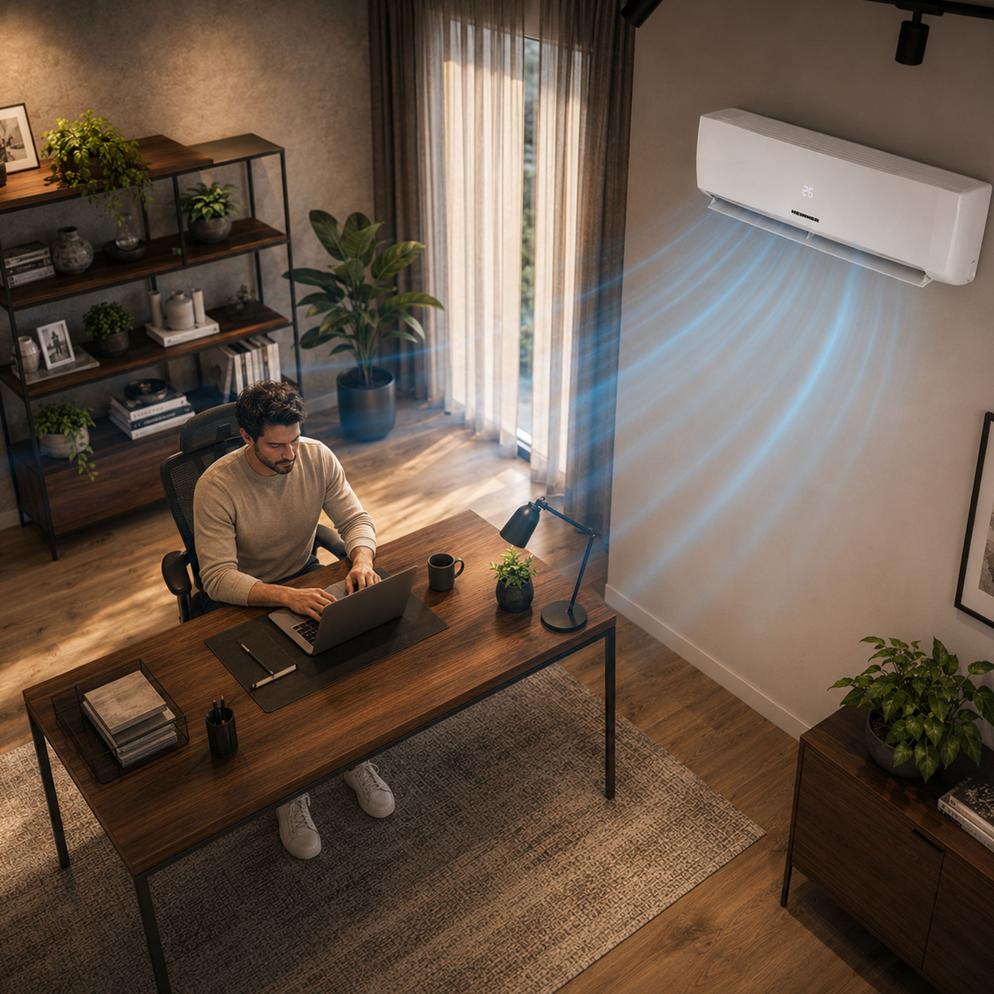 Man works on laptop, air conditioner cools room, window with curtain.