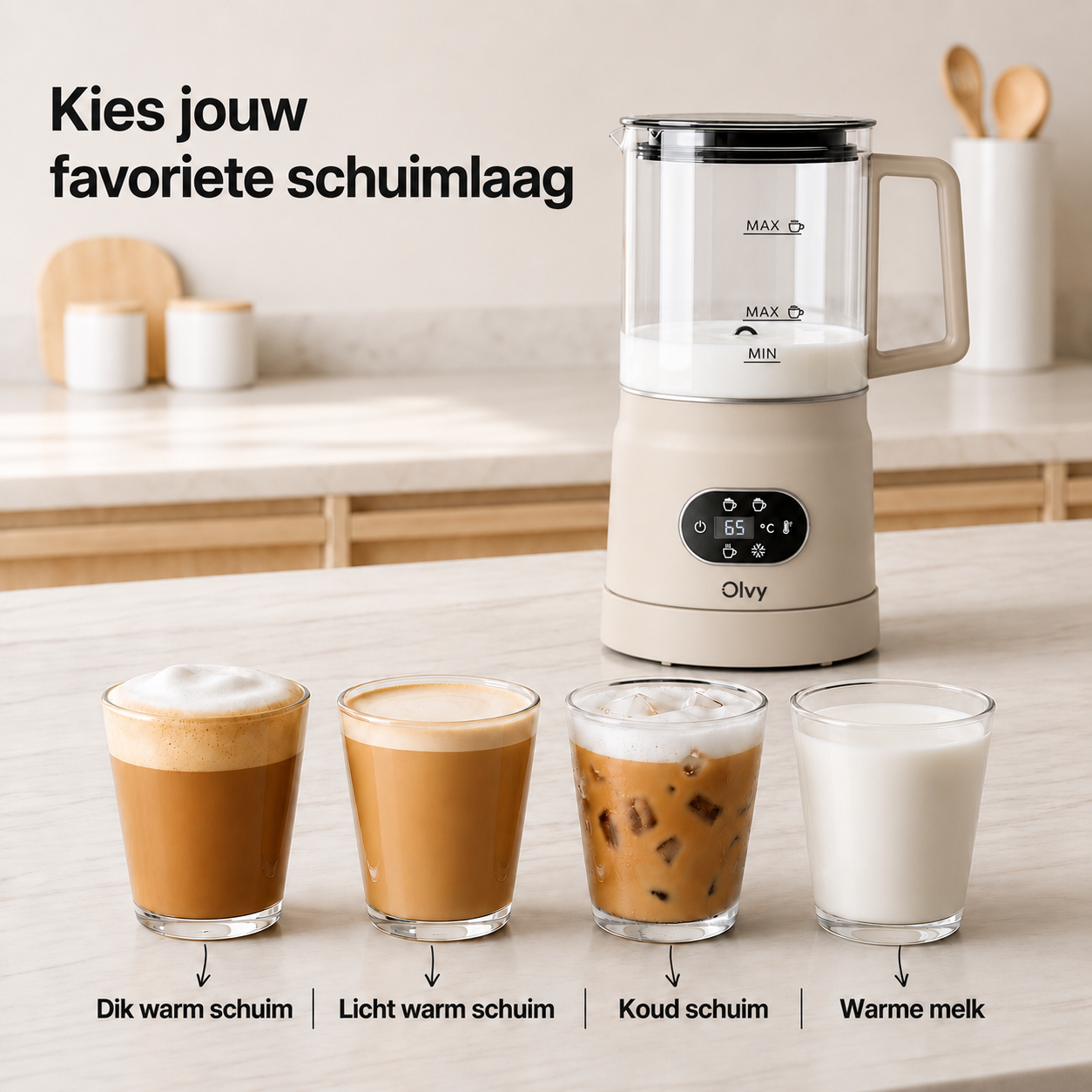 Een melkopschuimer met vier glazen: dik warm schuim, licht warm schuim, koud schuim, melk.