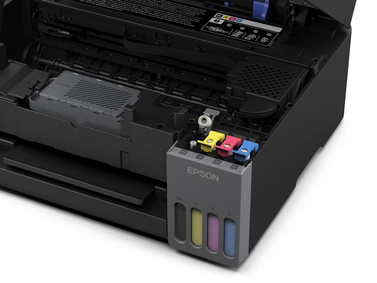 Una stampante Epson con serbatoi d'inchiostro aperti e clip colorate.