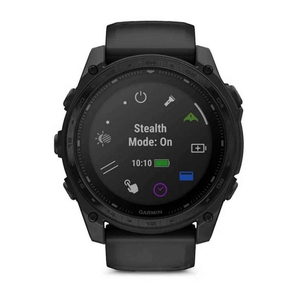 Czarny smartwatch Garmin z włączonym trybem cichym i godziną 10:10.