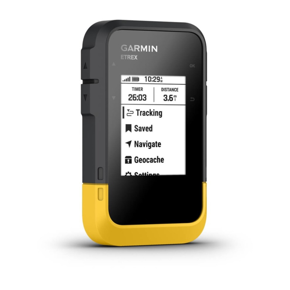 Garmin eTrex Gerät in Gelb und Schwarz mit Bildschirm, zeigt Timer, Distanz, Tracking, gespeichert, Navigation, Geocache.
