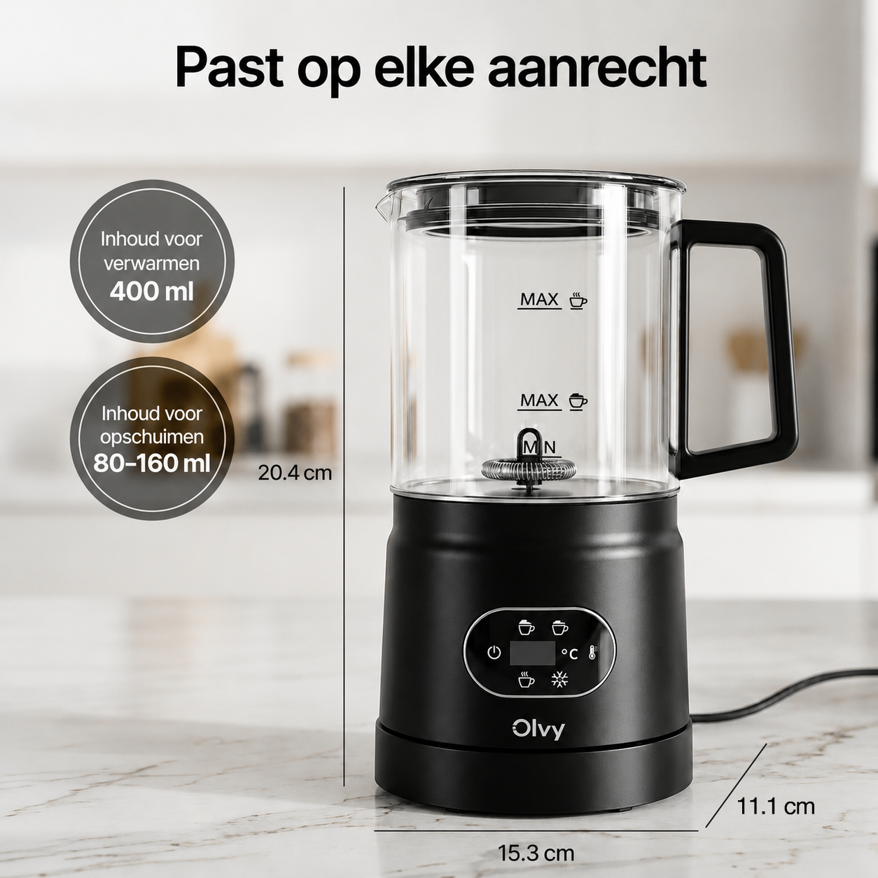 Zwarte melkopschuimer met glazen kan, 400ml verwarmings- en 80-160ml opschuimcapaciteit.
