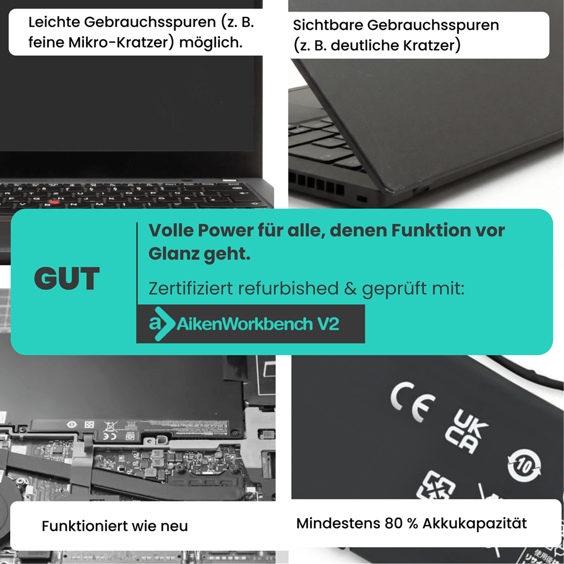 Laptop mit leichten Gebrauchsspuren, innen und außen, mit Zertifizierung.