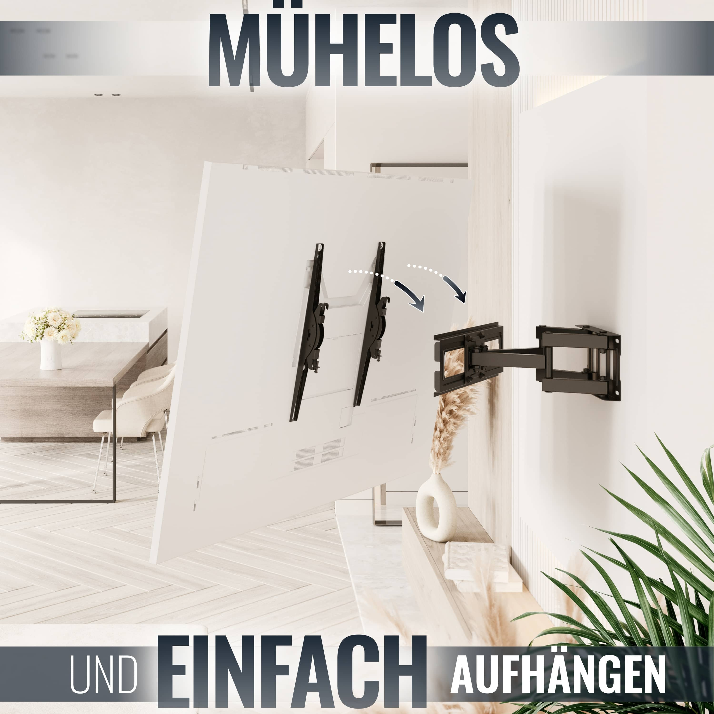 Schwarze Wandhalterung für Fernseher in modernem Wohnraum.