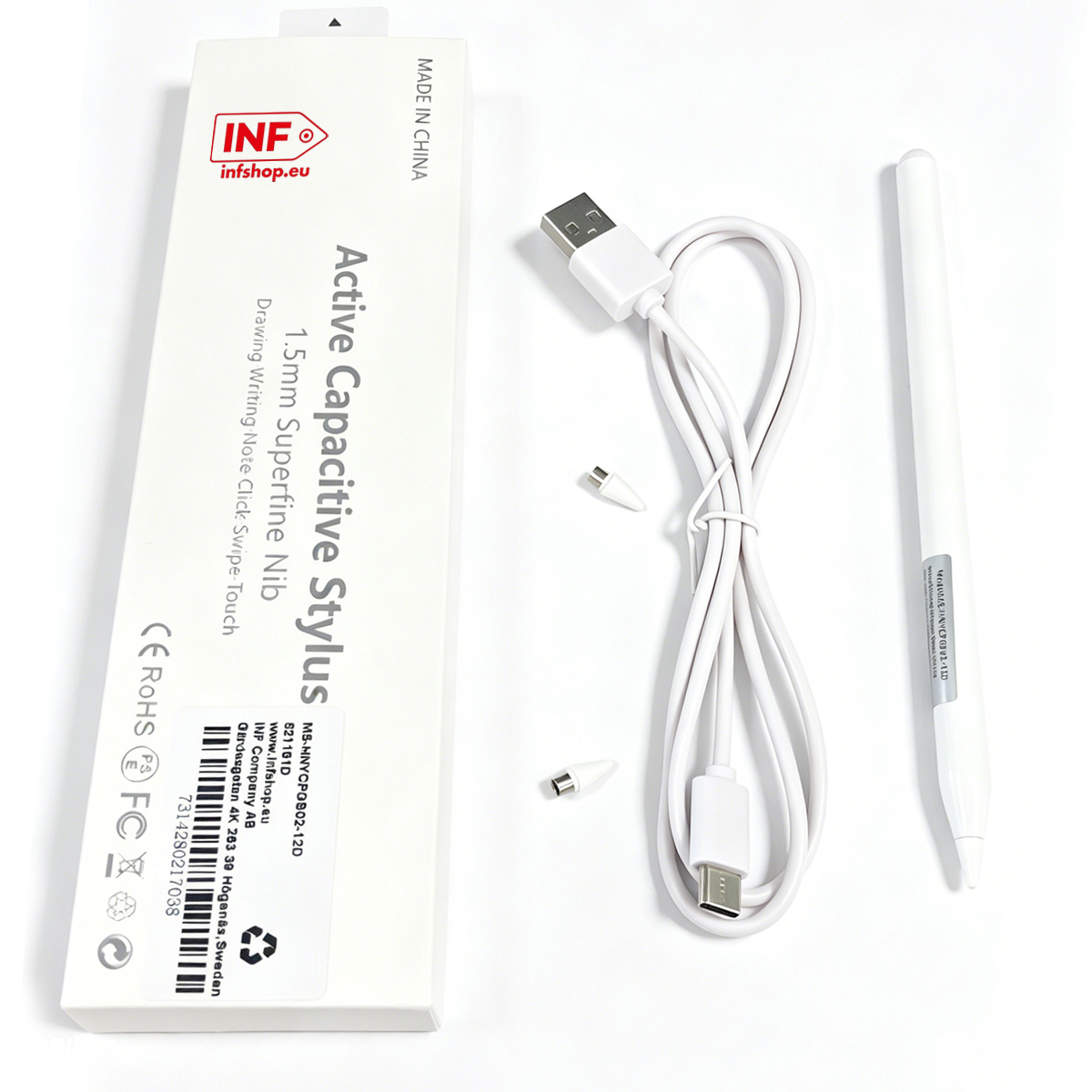 Biały aktywny rysik pojemnościowy z kablem USB-C i dwoma zapasowymi końcówkami.
