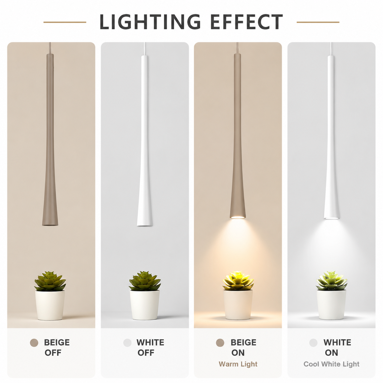Cuatro variantes de lámparas: beige/blanco, encendido/apagado, luz cálida/fría. Plantas abajo.
