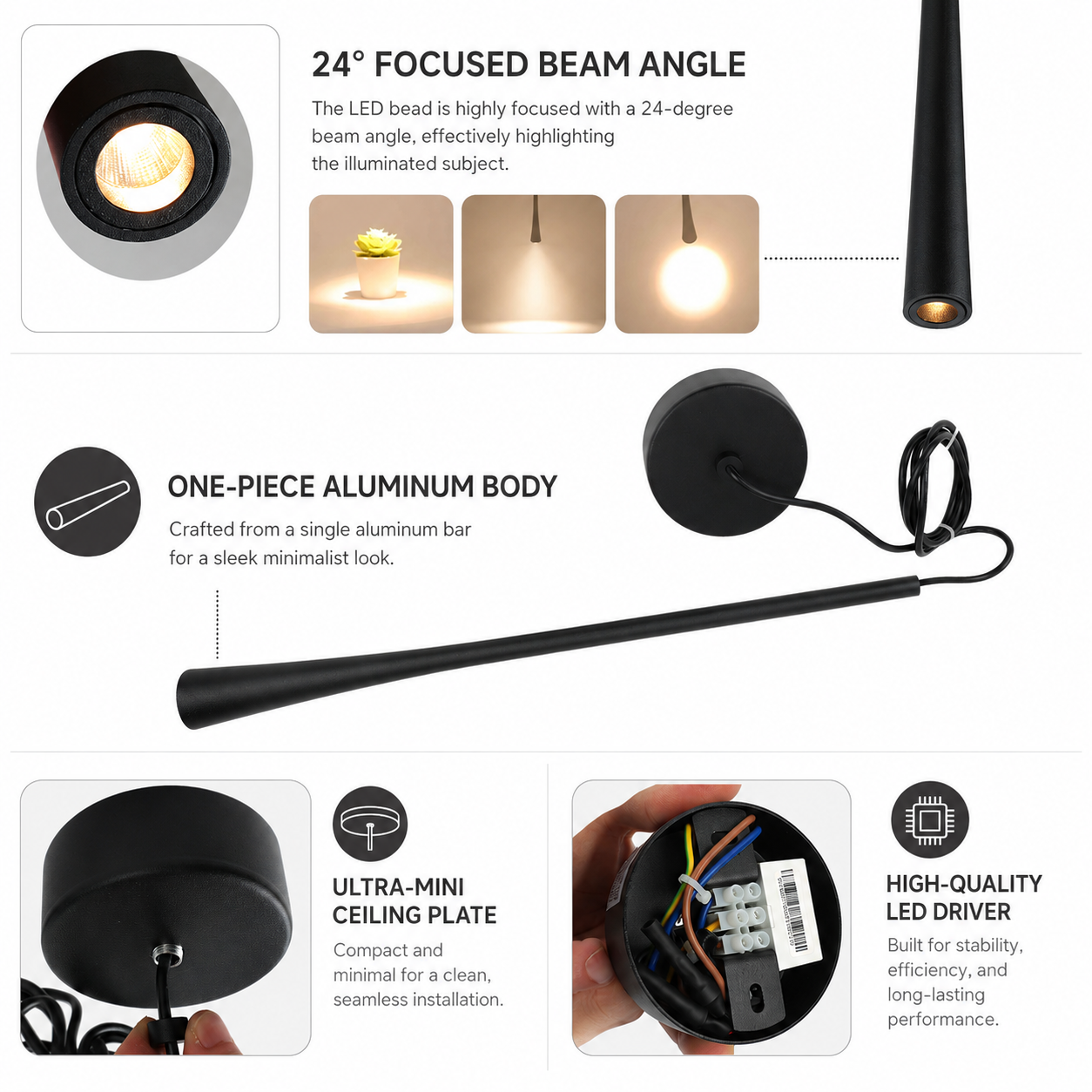 Luz negra con haz enfocado, cuerpo de aluminio de una pieza, mini placa de techo, controlador LED.