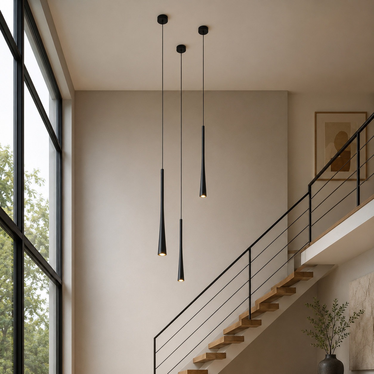 Tres elegantes lámparas colgantes negras cuelgan sobre una escalera de madera con barandilla negra.