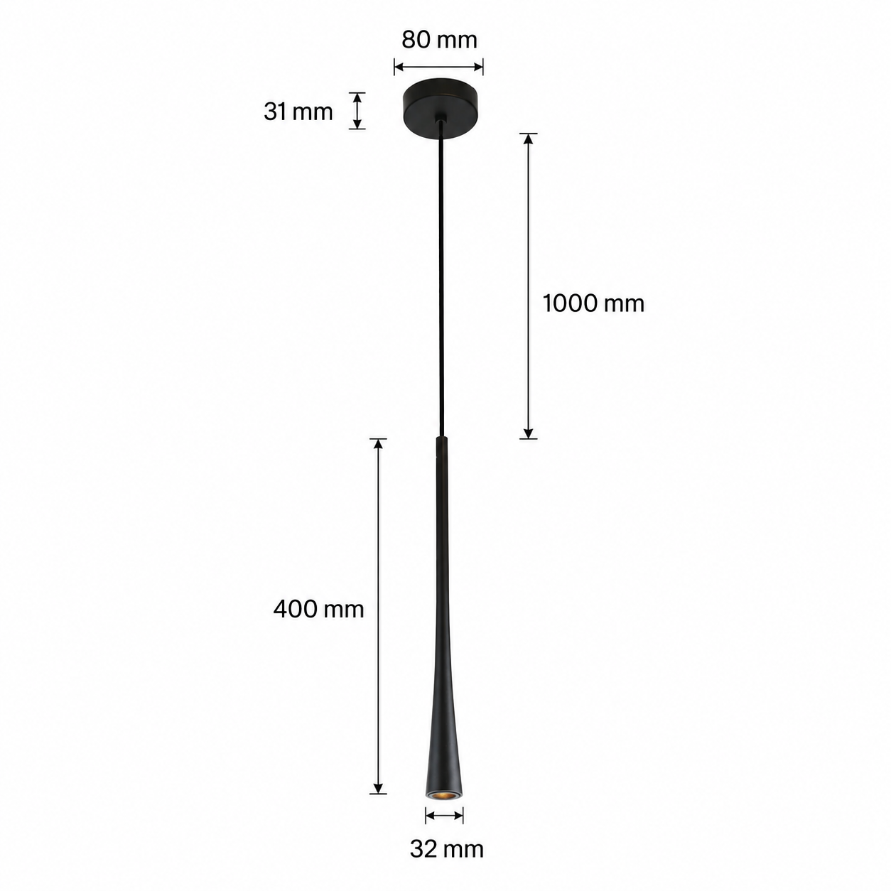 Lámpara colgante negra con dimensiones: 80mm ancho, 31mm alto, 1000mm largo, 400mm profundo, 32mm base.