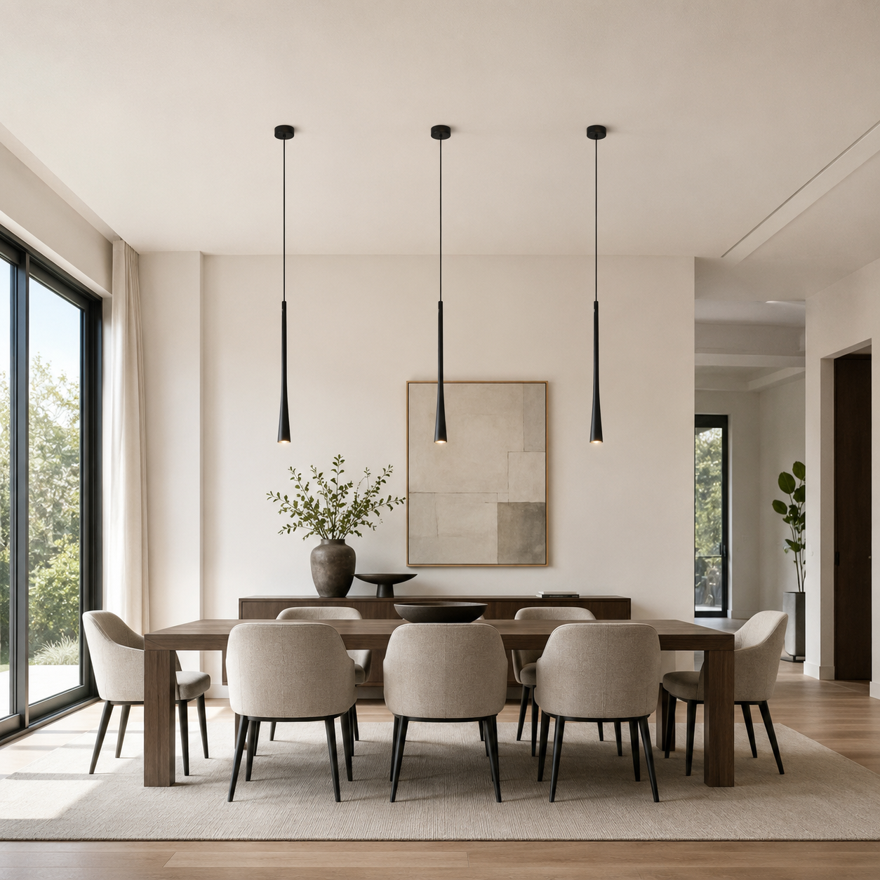 Un comedor con mesa de madera, sillas beige, luces colgantes y un cuadro.