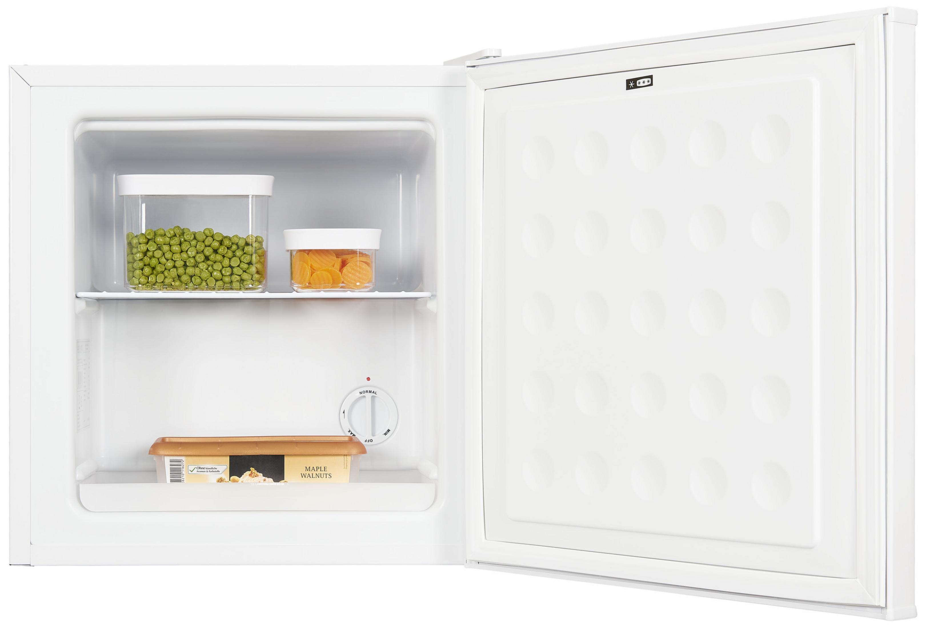 Ein offener weißer Kühlschrank mit zwei Behältern auf dem oberen Regal.