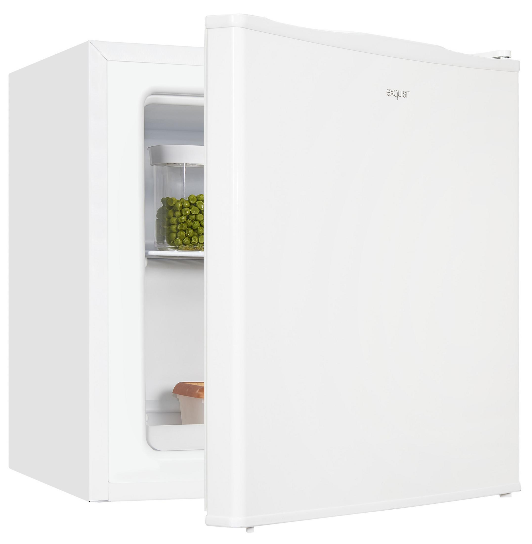 Ein weißer Kühlschrank mit offener Tür, gefüllt mit Erbsen und einem Behälter.