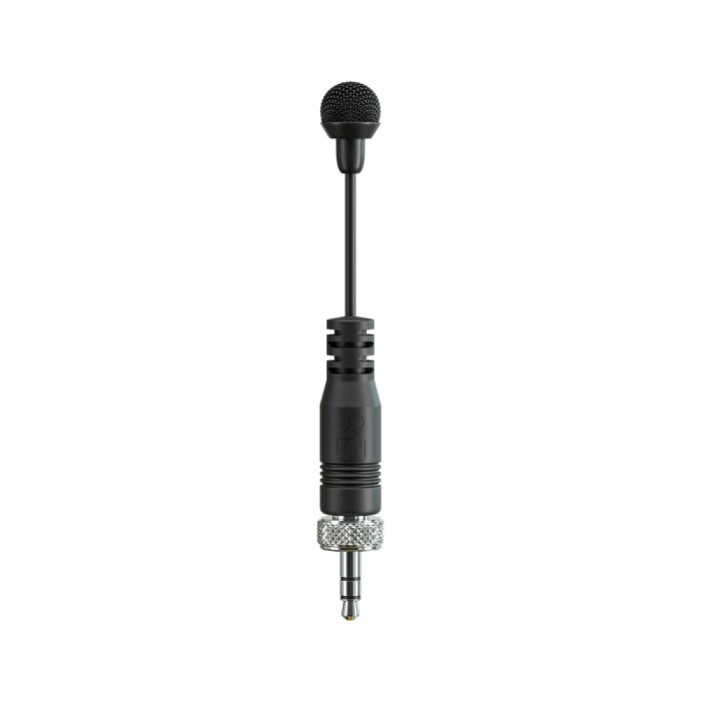 Czarny mikrofon krawatowy z wtyczką jack 3,5 mm na białym tle.