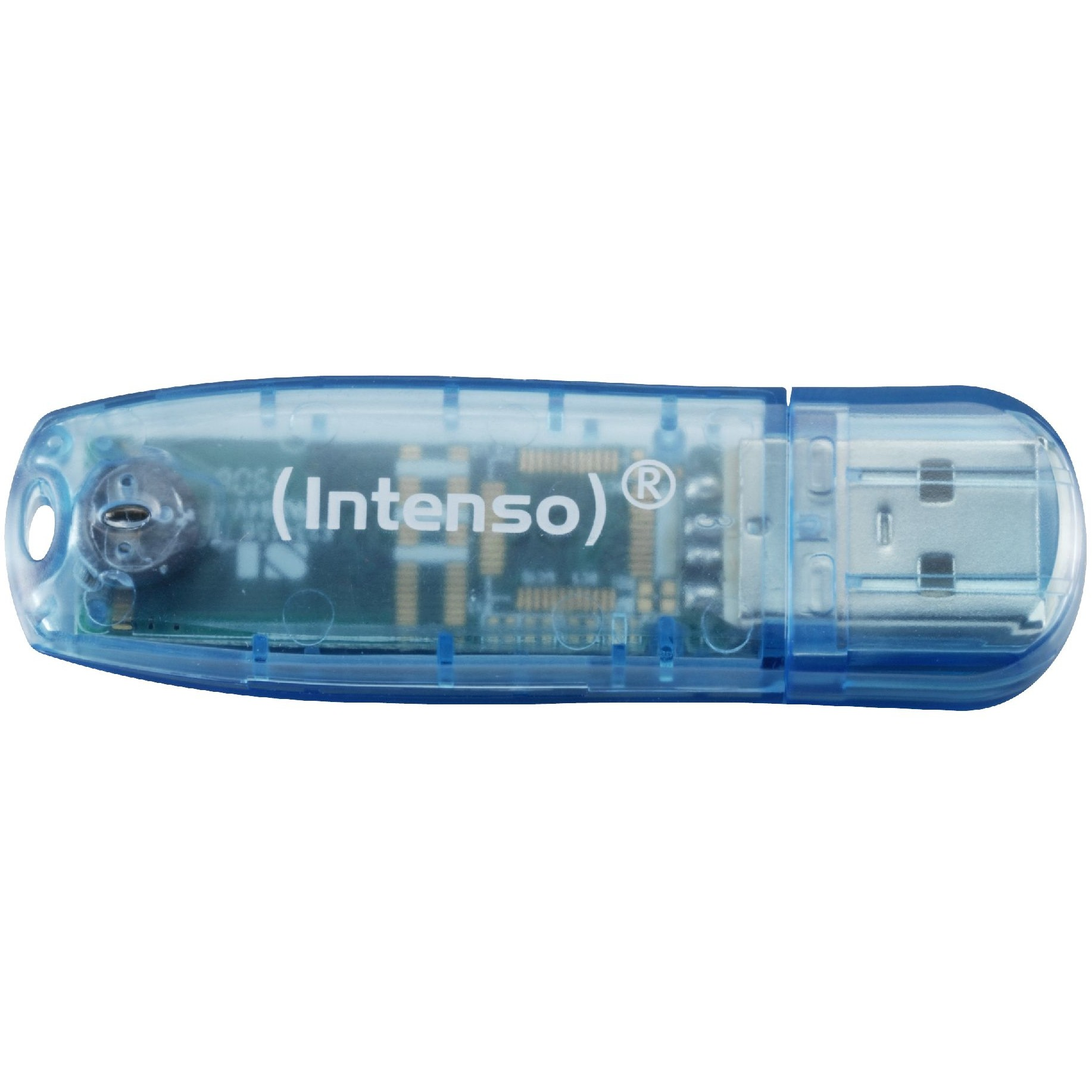 Una chiavetta USB blu trasparente con circuito stampato visibile e marchio "Intenso".