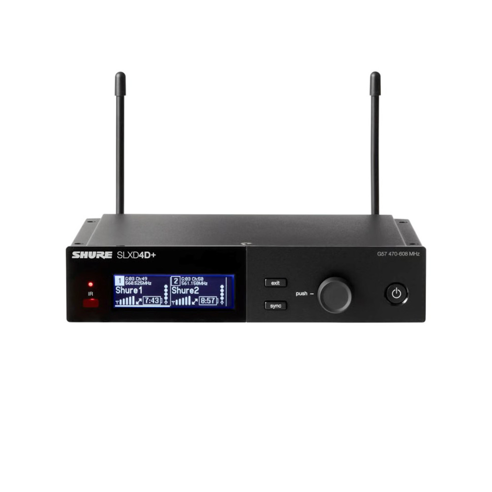 Czarny odbiornik Shure SLXD4+ z dwiema antenami, ekranem LCD i pokrętłem.
