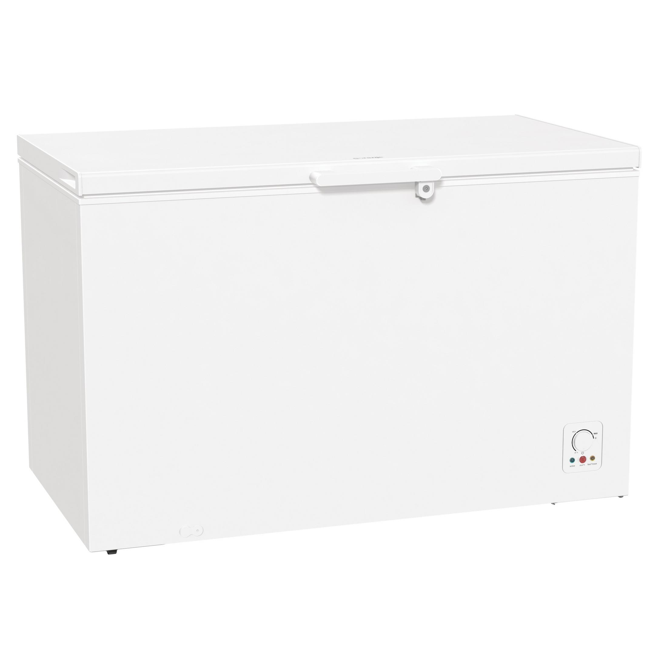 Ein weißer Brustgefrierschrank mit Griff und Bedienelementen.