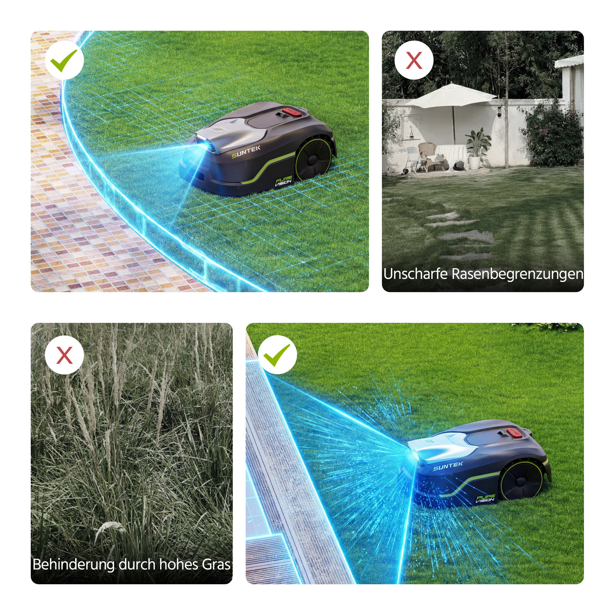 Ein Mähroboter fährt auf einem Rasen neben einem Pool und einem Gartenmöbel.