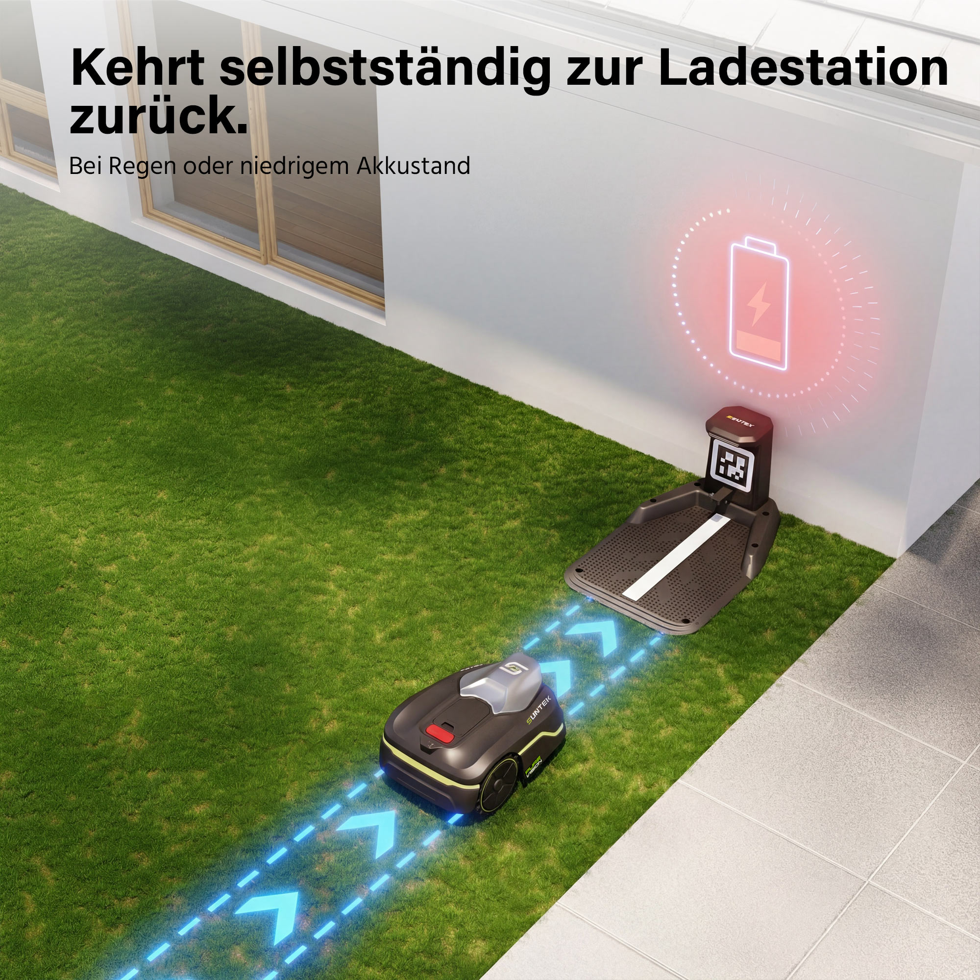 Ein Mähroboter fährt auf einem Rasen zur Ladestation, die eine Batterieanzeige zeigt.