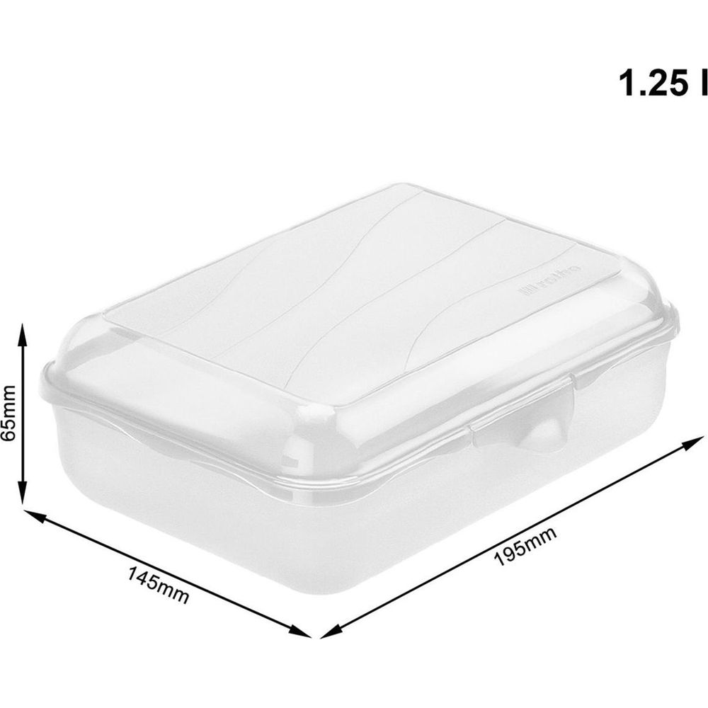 Przezroczysty plastikowy pojemnik z pokrywką. Wymiary 195x145x65mm, 1,25L.
