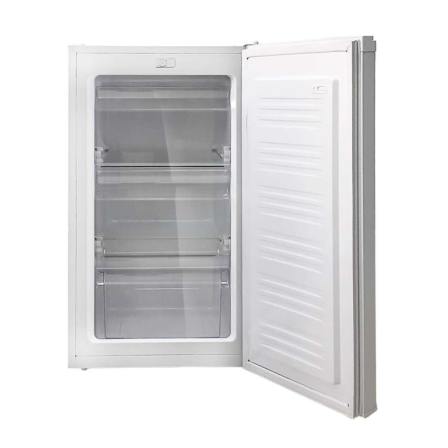 Un congelatore bianco aperto con cassetti trasparenti all'interno e una porta bianca socchiusa.