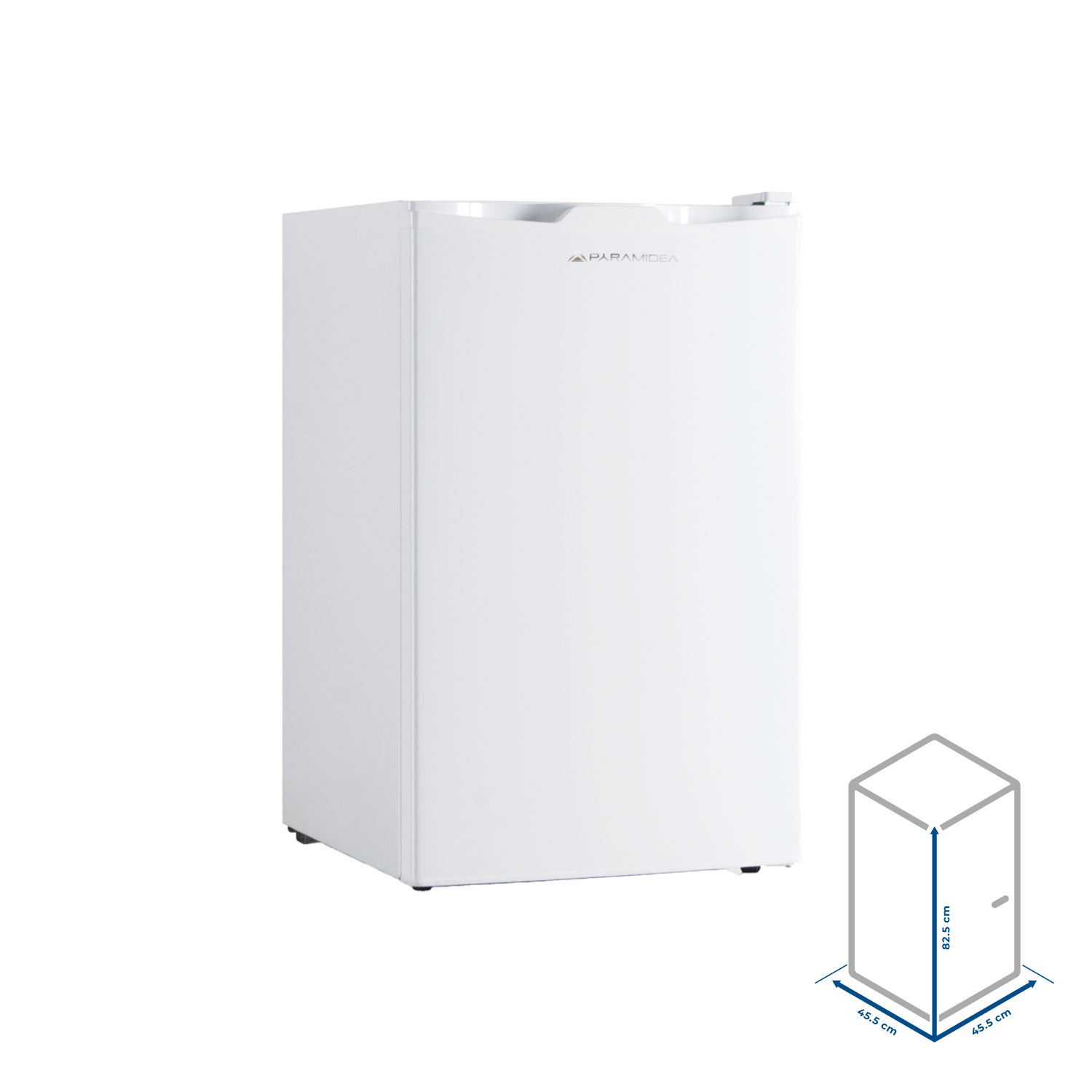 Un frigorifero bianco e sottile con dimensioni e logo Paramidea.
