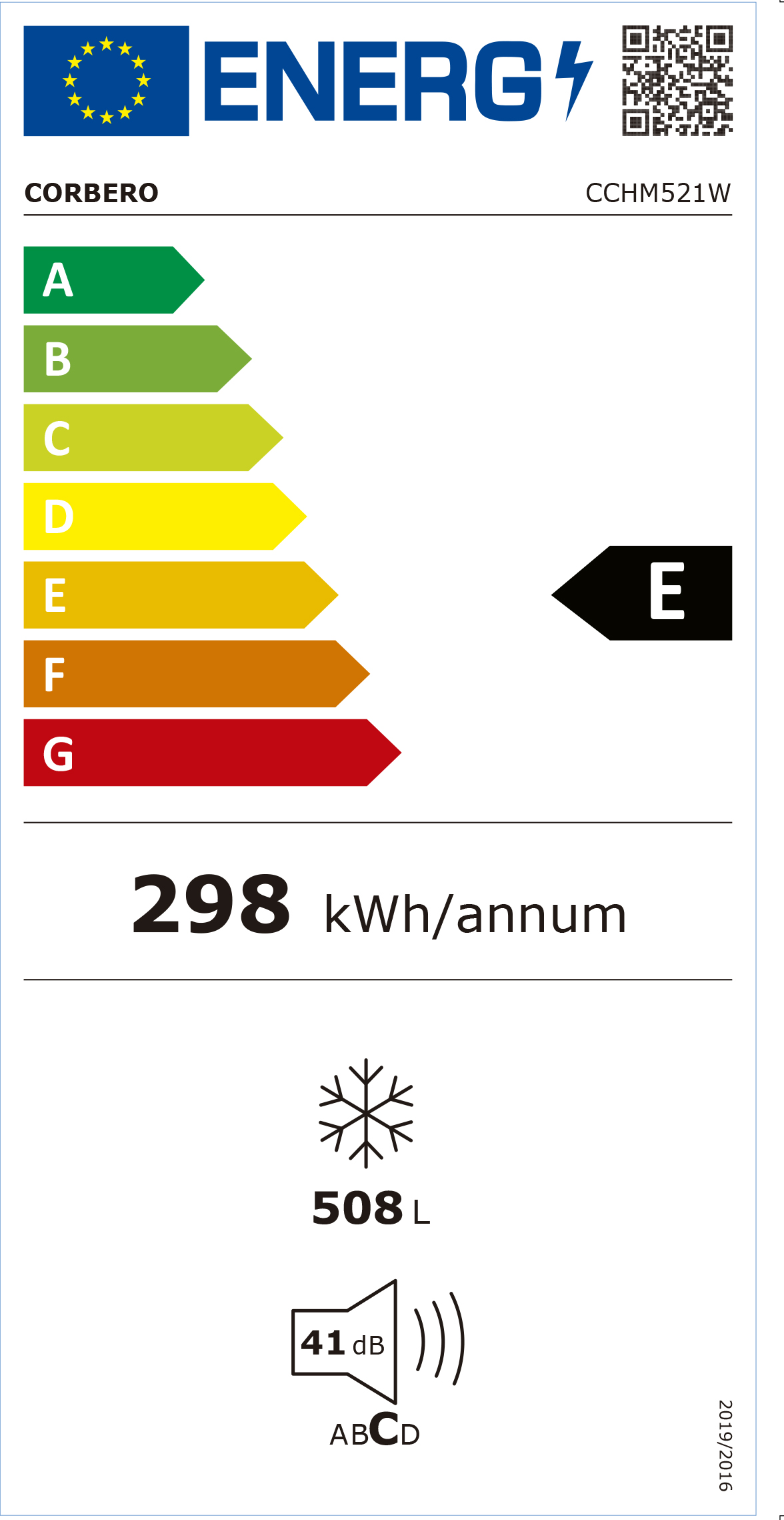Etiqueta eficiencia energética clase E, 298 kWh/año, 508L, 41dB. Corbero CCHM521W.